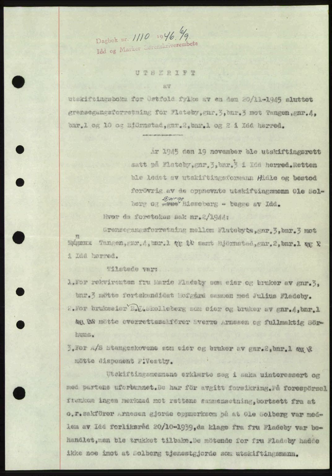 Idd og Marker sorenskriveri, AV/SAO-A-10283/G/Gb/Gbb/L0008: Mortgage book no. A8, 1946-1946, Diary no: : 1110/1946