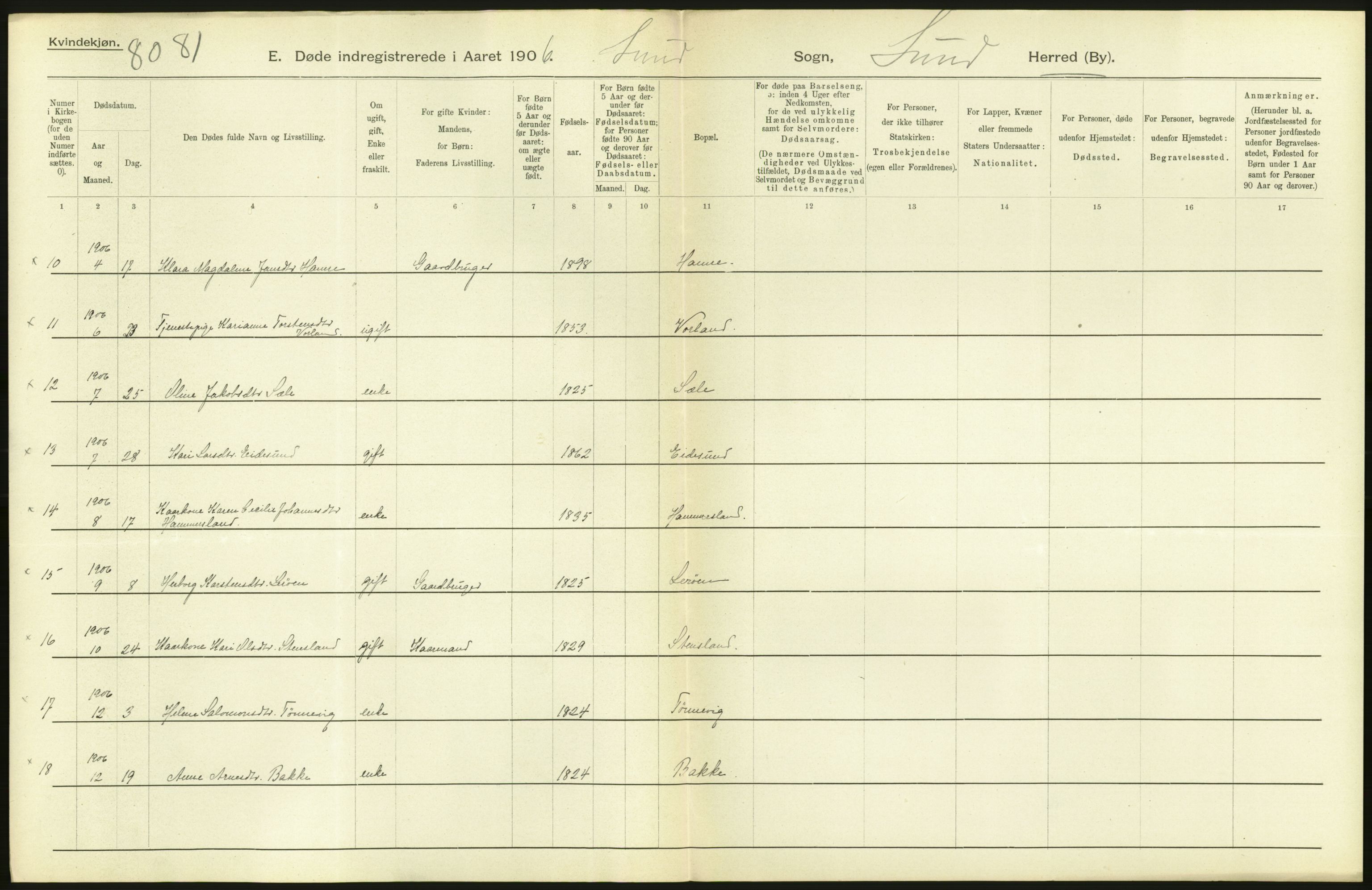 Statistisk sentralbyrå, Sosiodemografiske emner, Befolkning, AV/RA-S-2228/D/Df/Dfa/Dfad/L0030: S. Bergenhus amt: Døde. Bygder., 1906, p. 58