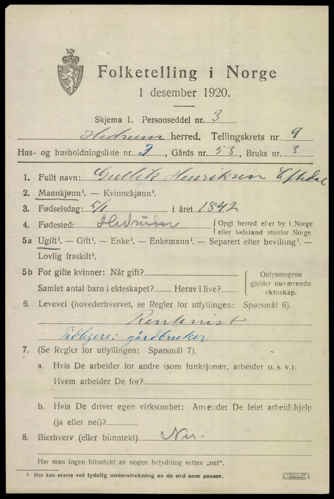 SAKO, 1920 census for Hedrum, 1920, p. 6829