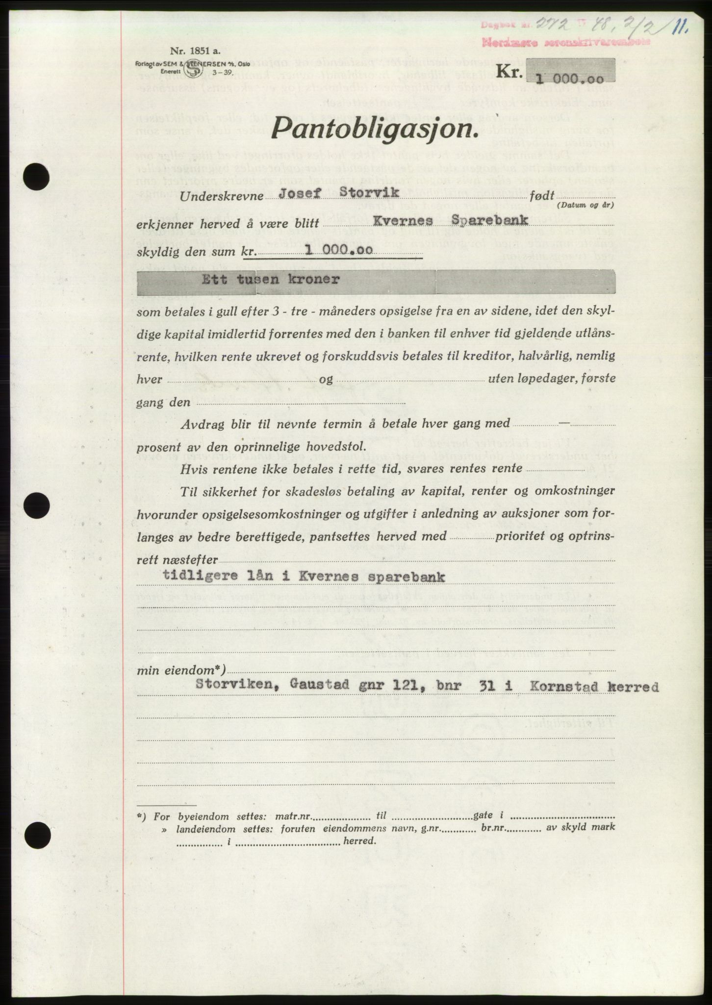 Nordmøre sorenskriveri, AV/SAT-A-4132/1/2/2Ca: Mortgage book no. B98, 1948-1948, Diary no: : 272/1948