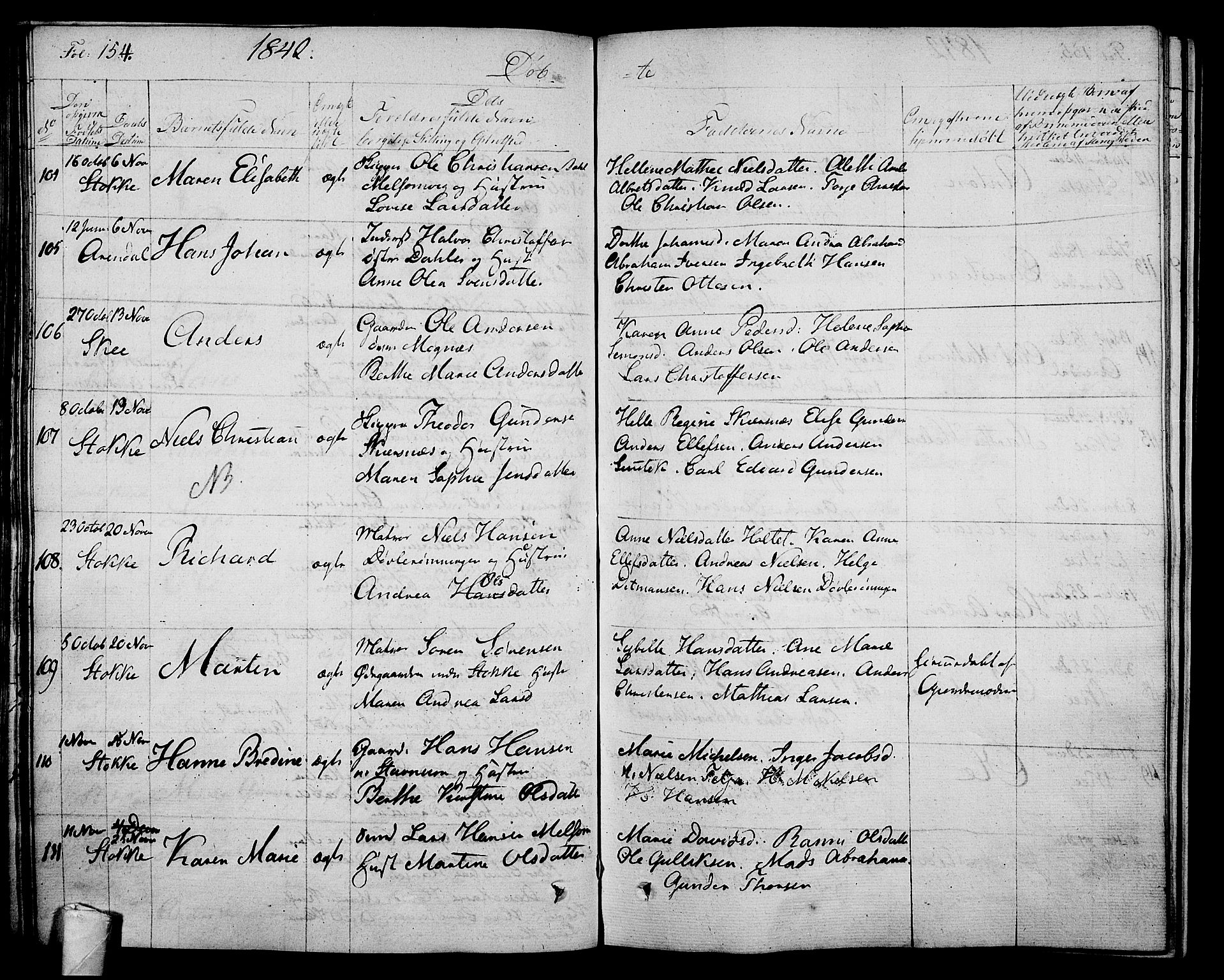 Stokke kirkebøker, SAKO/A-320/F/Fa/L0006: Parish register (official) no. I 6, 1826-1843, p. 154