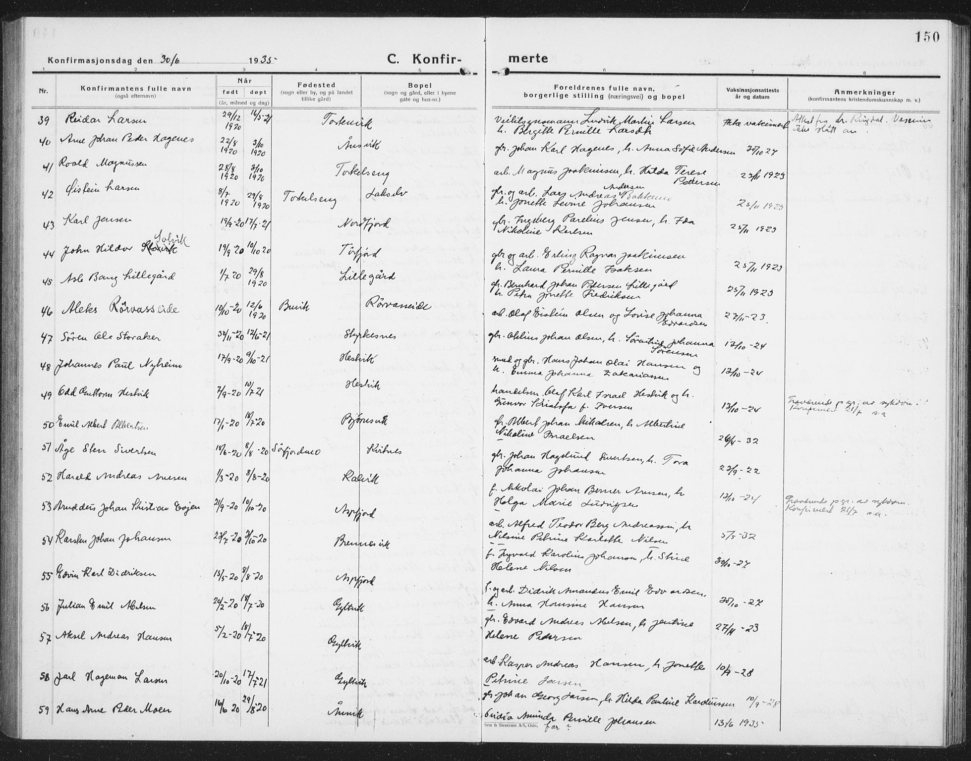 Ministerialprotokoller, klokkerbøker og fødselsregistre - Nordland, AV/SAT-A-1459/854/L0788: Parish register (copy) no. 854C04, 1926-1940, p. 150