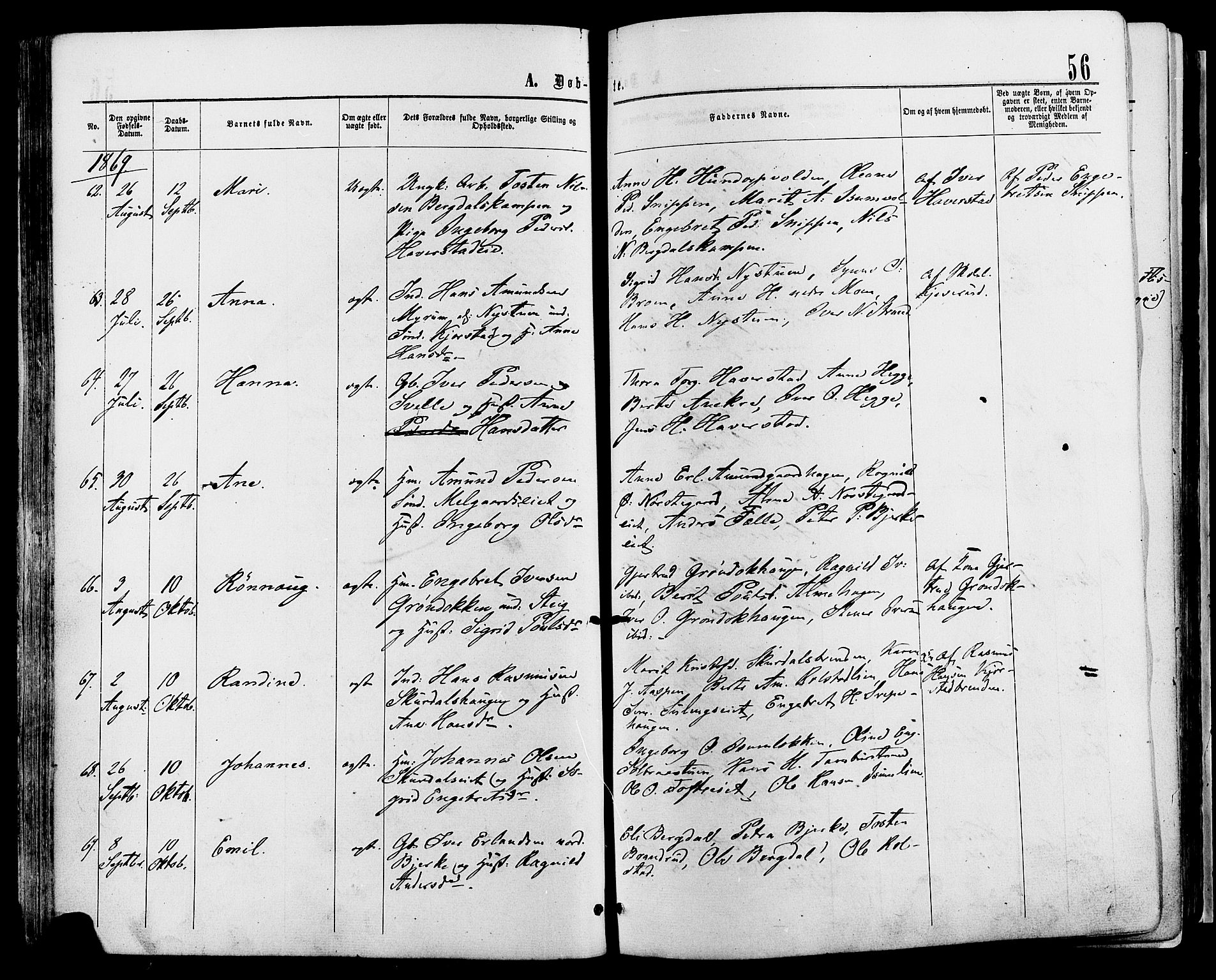 Sør-Fron prestekontor, AV/SAH-PREST-010/H/Ha/Haa/L0002: Parish register (official) no. 2, 1864-1880, p. 56