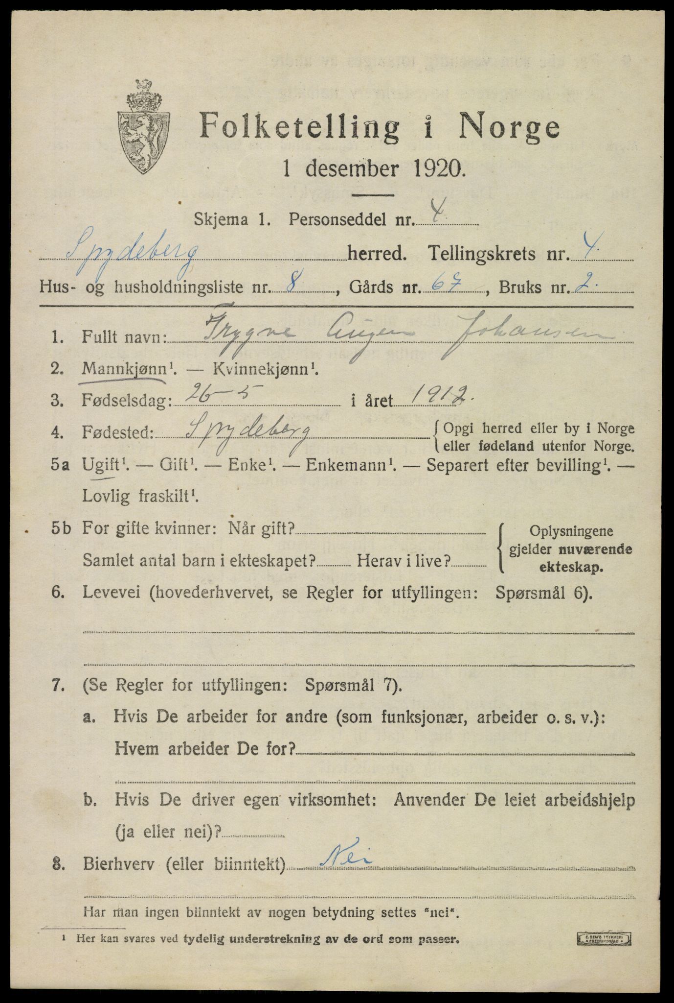 SAO, 1920 census for Spydeberg, 1920, p. 5633