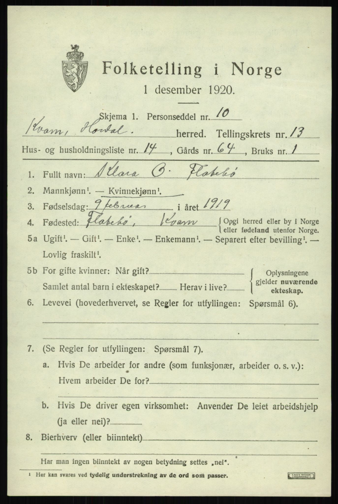 SAB, 1920 census for Kvam, 1920, p. 8157