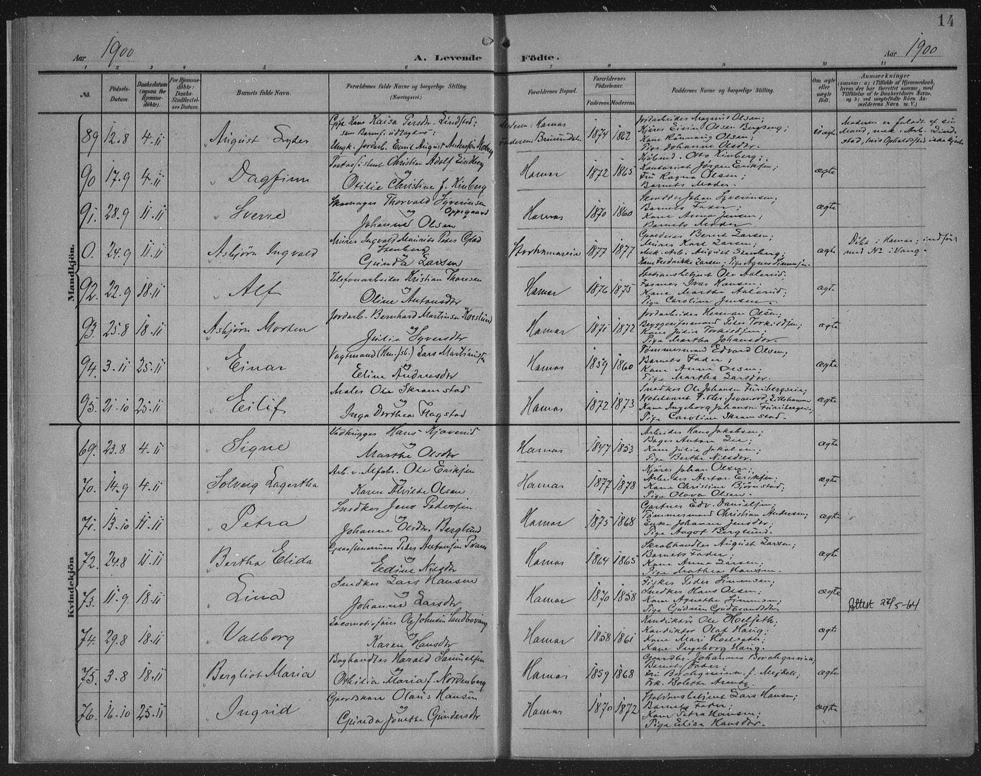 Hamar prestekontor, AV/SAH-DOMPH-002/H/Ha/Haa/L0001: Parish register (official) no. 1, 1900-1914, p. 14