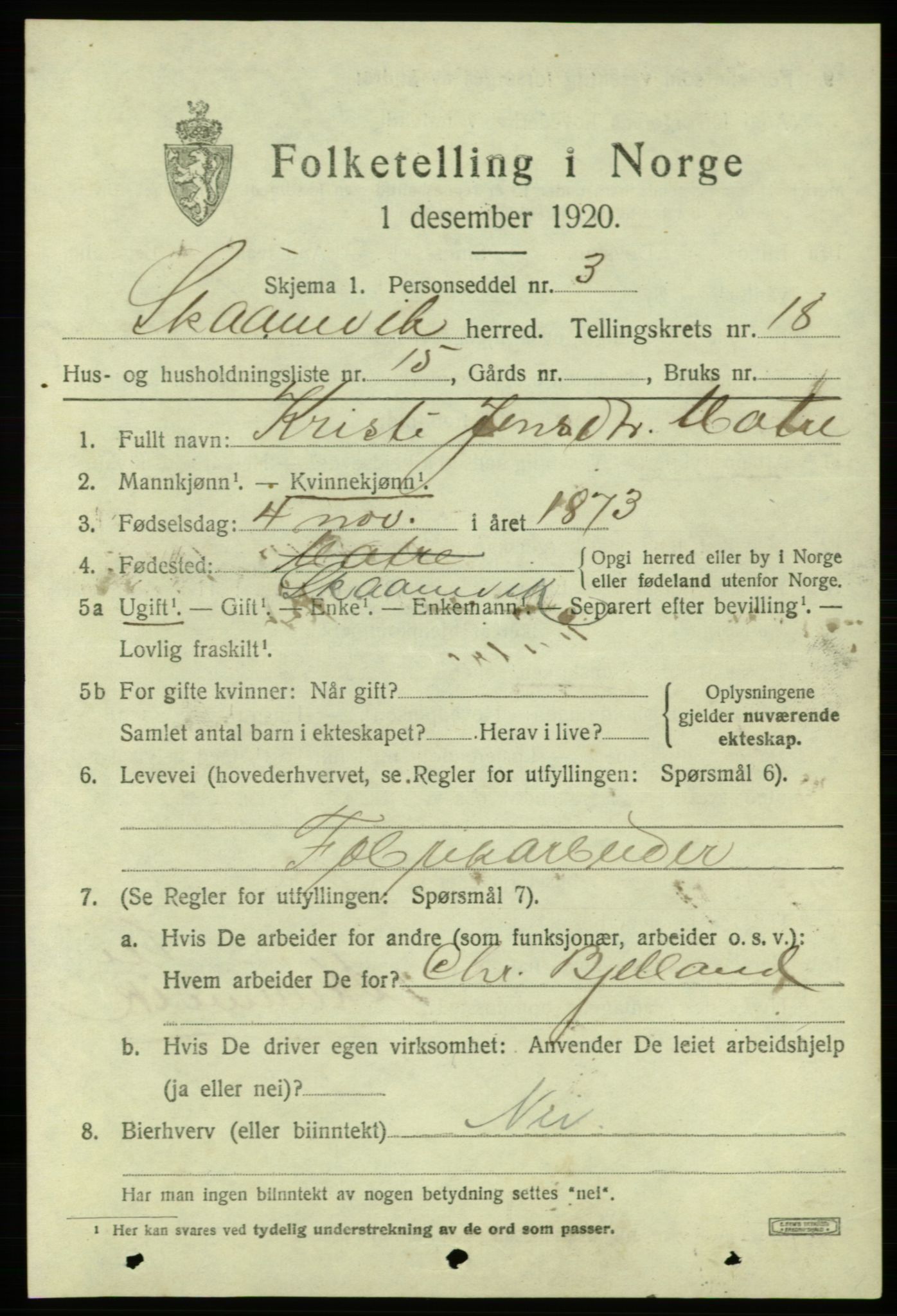 SAB, 1920 census for Skånevik, 1920, p. 6981