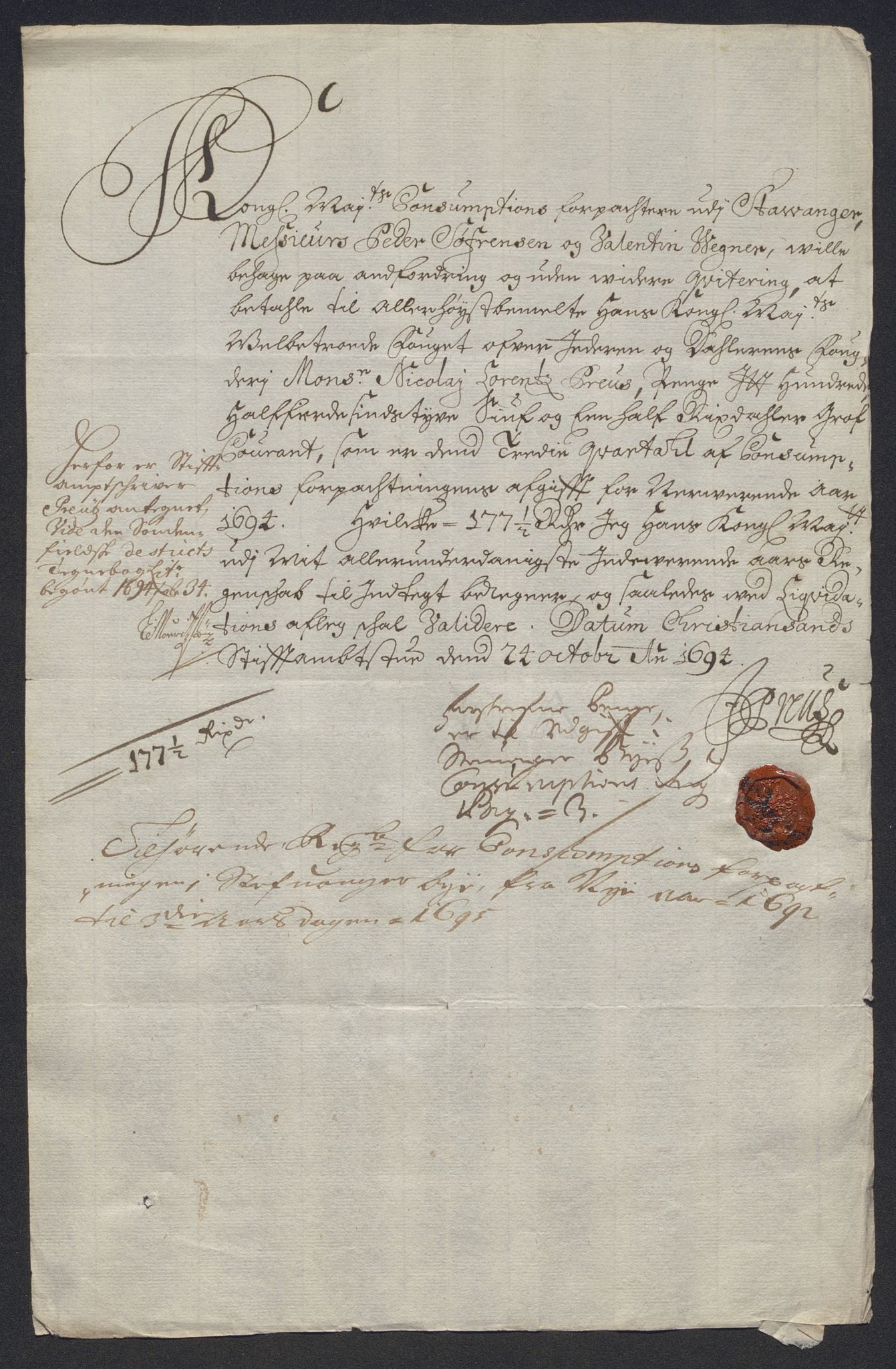 Rentekammeret inntil 1814, Reviderte regnskaper, Byregnskaper, AV/RA-EA-4066/R/Ro/L0333: [O25] Konsumpsjonsregnskap, 1690-1704, p. 115