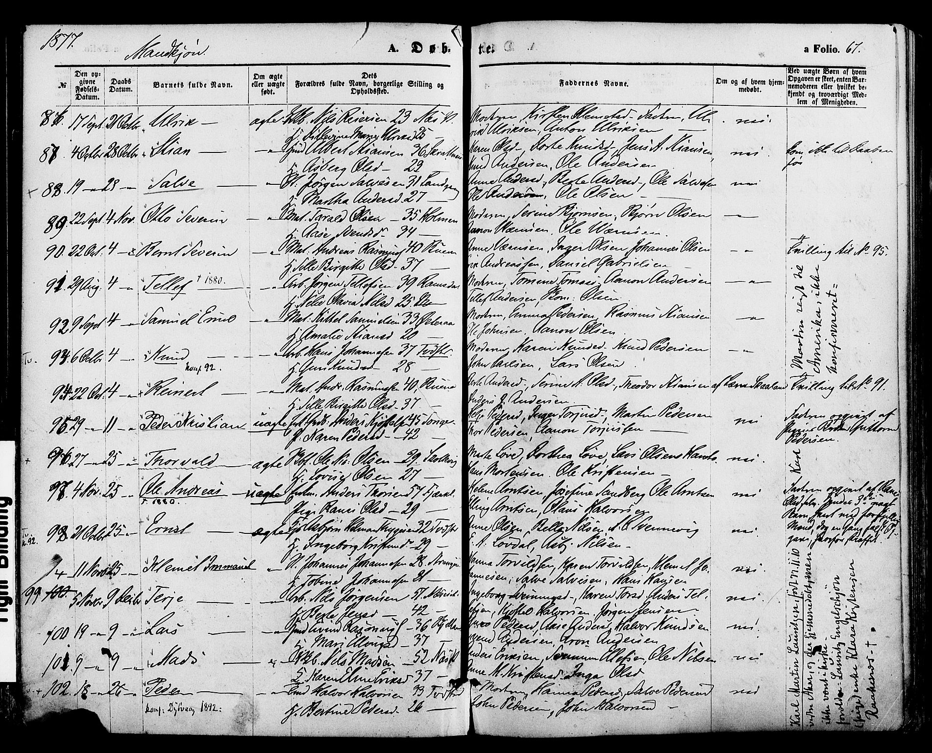Holt sokneprestkontor, SAK/1111-0021/F/Fa/L0010: Parish register (official) no. A 10, 1872-1885, p. 67