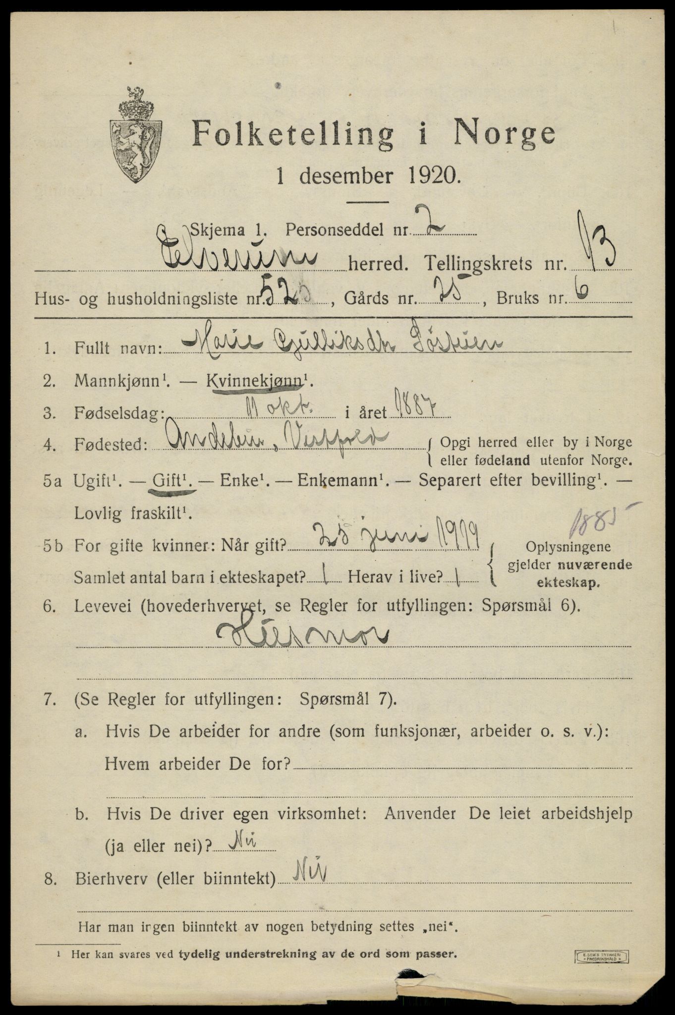 SAH, 1920 census for Elverum, 1920, p. 17996