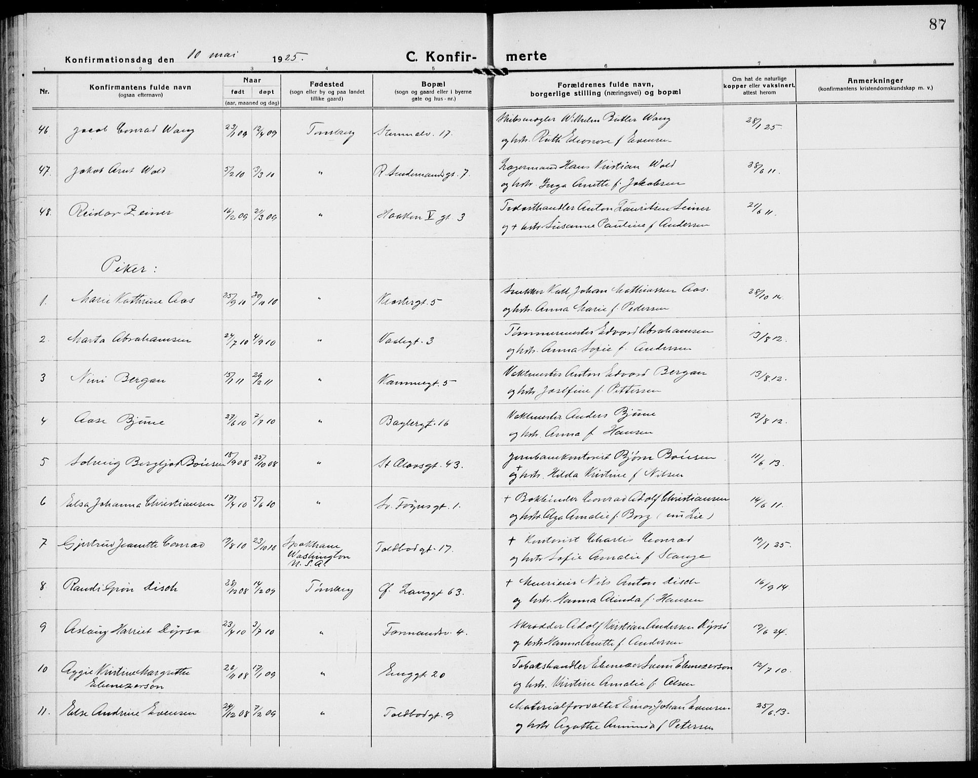 Tønsberg kirkebøker, AV/SAKO-A-330/G/Ga/L0013: Parish register (copy) no. 13, 1920-1929, p. 87