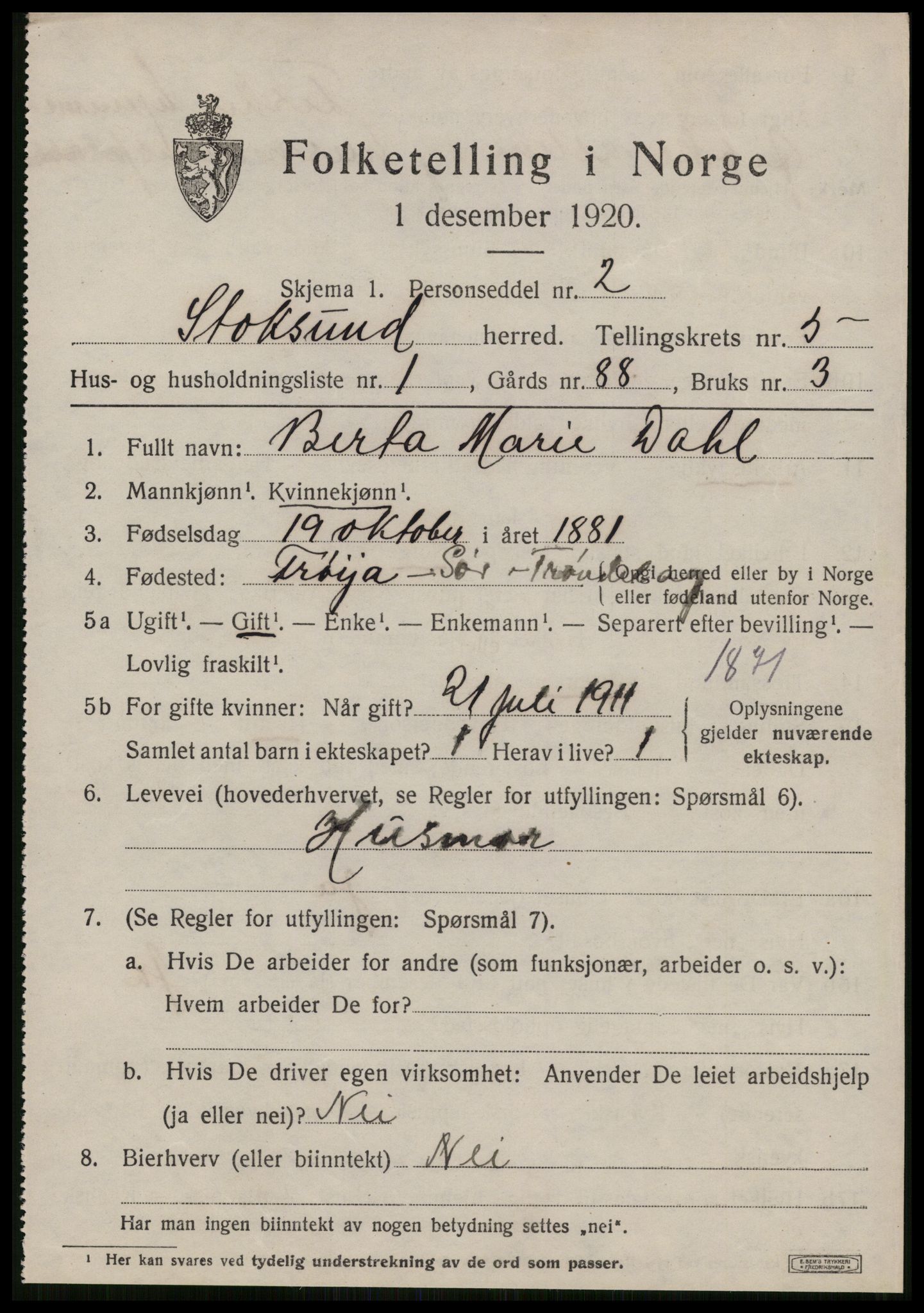 SAT, 1920 census for Stoksund, 1920, p. 2590