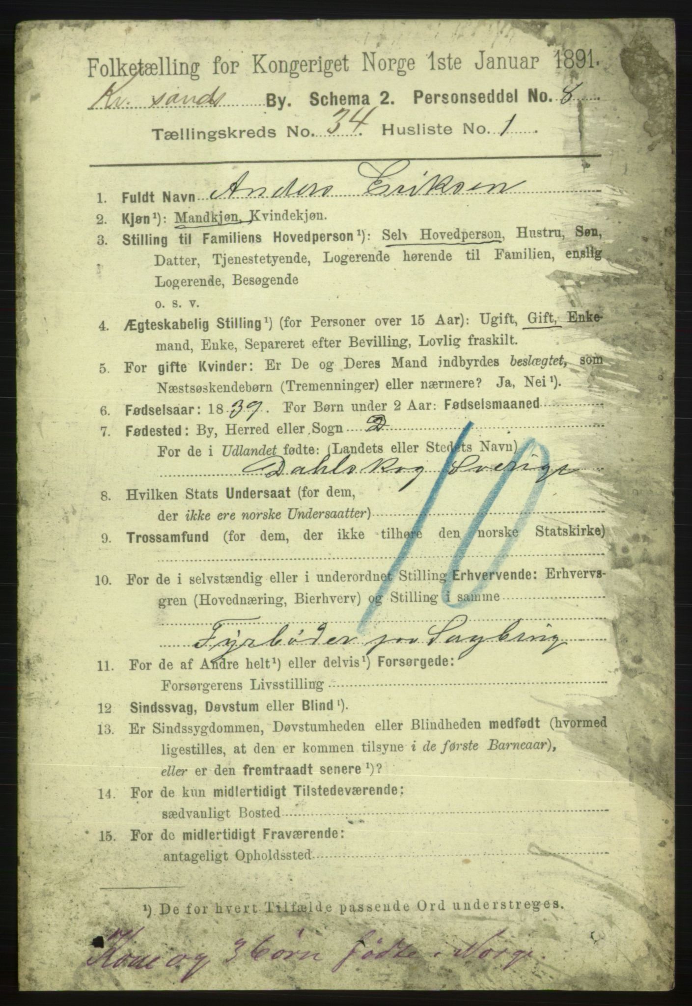 RA, 1891 census for 1001 Kristiansand, 1891, p. 10819