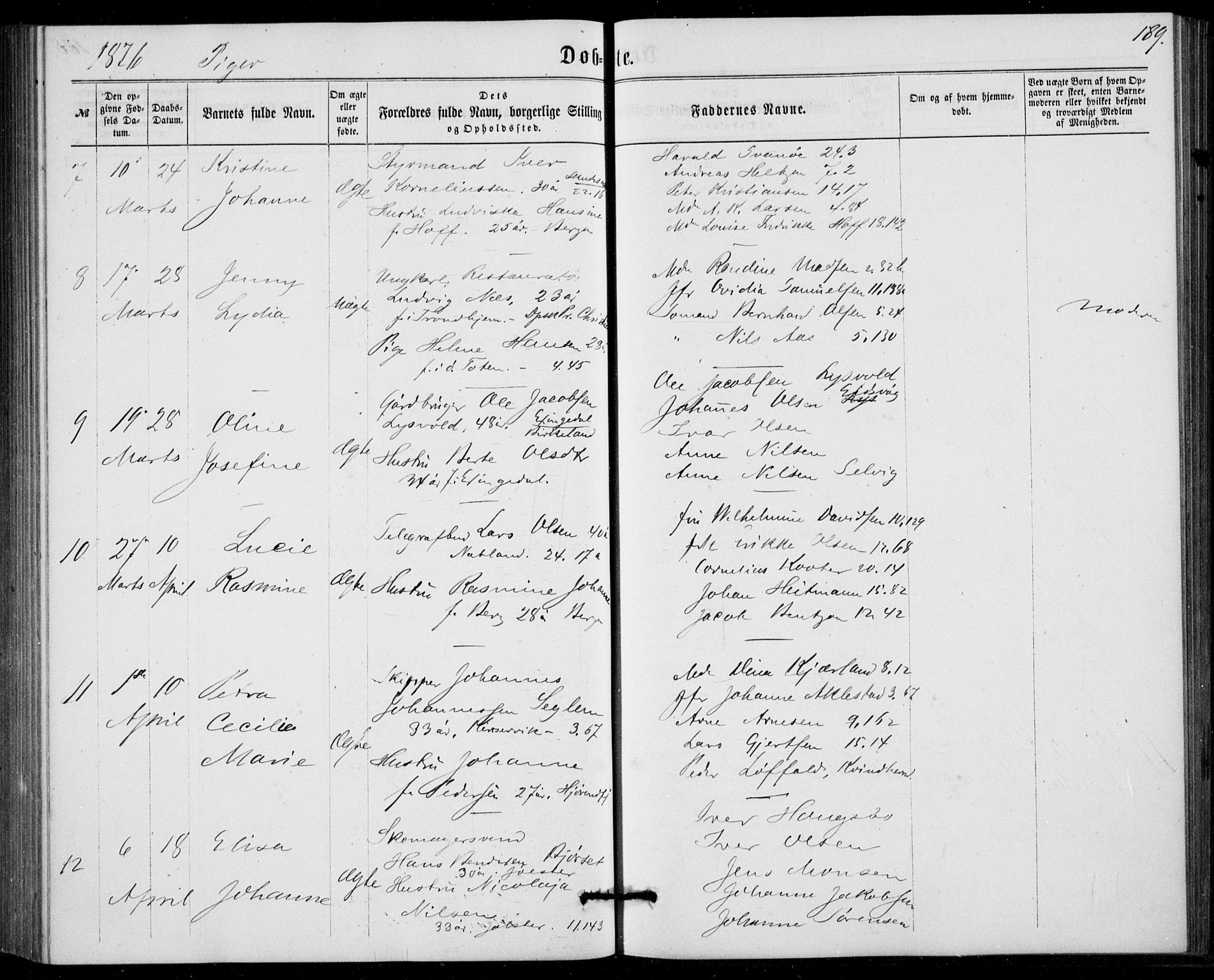 Fødselsstiftelsens sokneprestembete, ført av overlegen*, SAB/-: Parish register (official) no. A 1, 1863-1883, p. 189