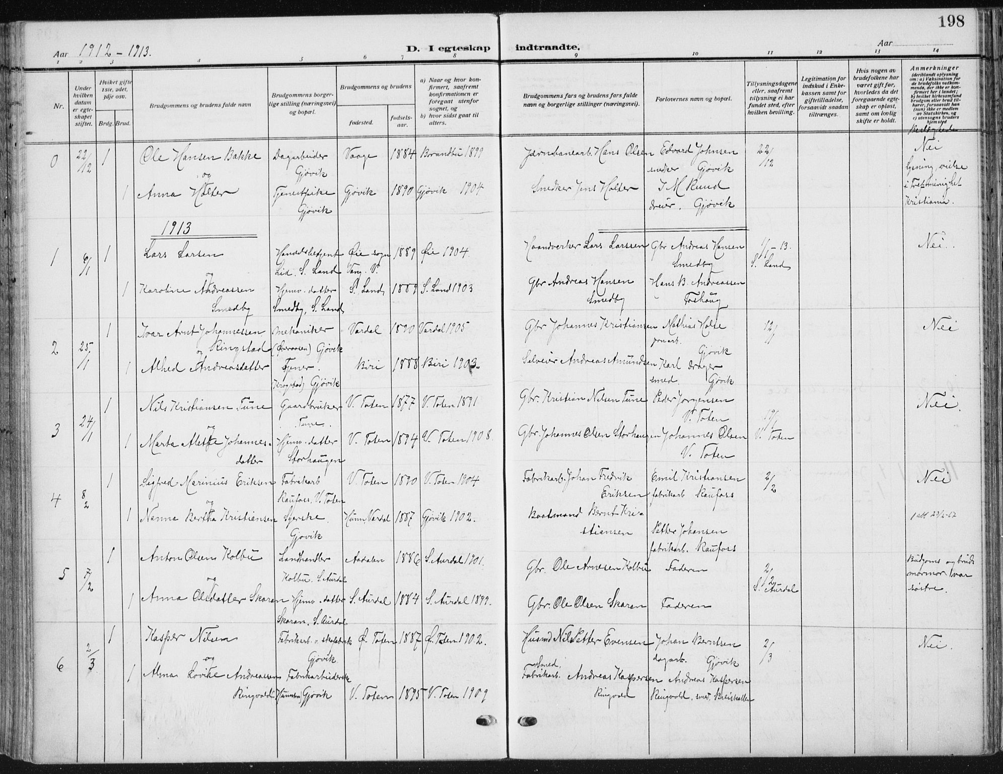Vardal prestekontor, SAH/PREST-100/H/Ha/Haa/L0014: Parish register (official) no. 14, 1912-1922, p. 198