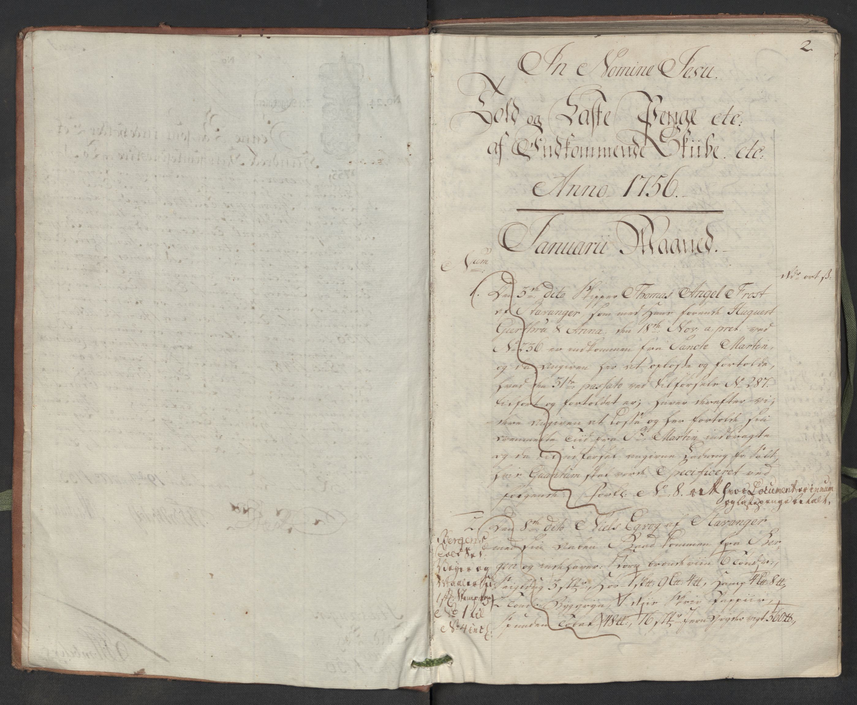 Generaltollkammeret, tollregnskaper, RA/EA-5490/R22/L0018/0001: Tollregnskaper Stavanger / Hovedtollbok, 1756, p. 1b-2a