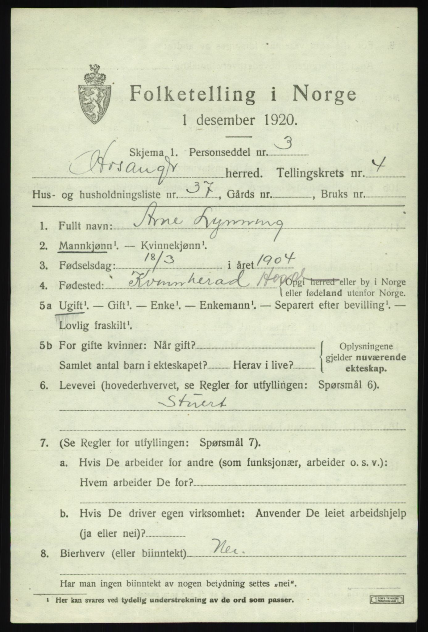 SAB, 1920 census for Hosanger, 1920, p. 2339