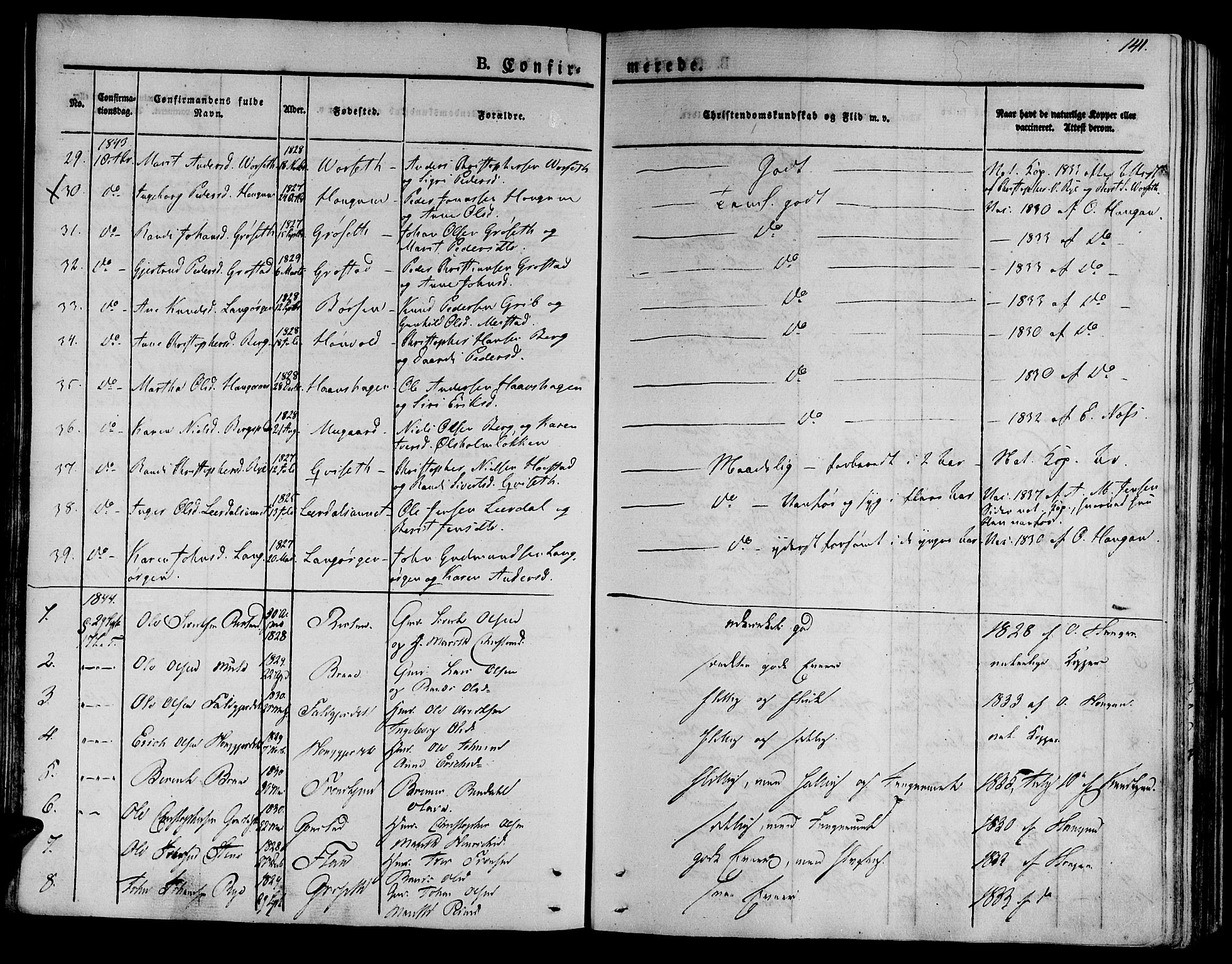 Ministerialprotokoller, klokkerbøker og fødselsregistre - Sør-Trøndelag, SAT/A-1456/612/L0374: Parish register (official) no. 612A07 /1, 1829-1845, p. 141