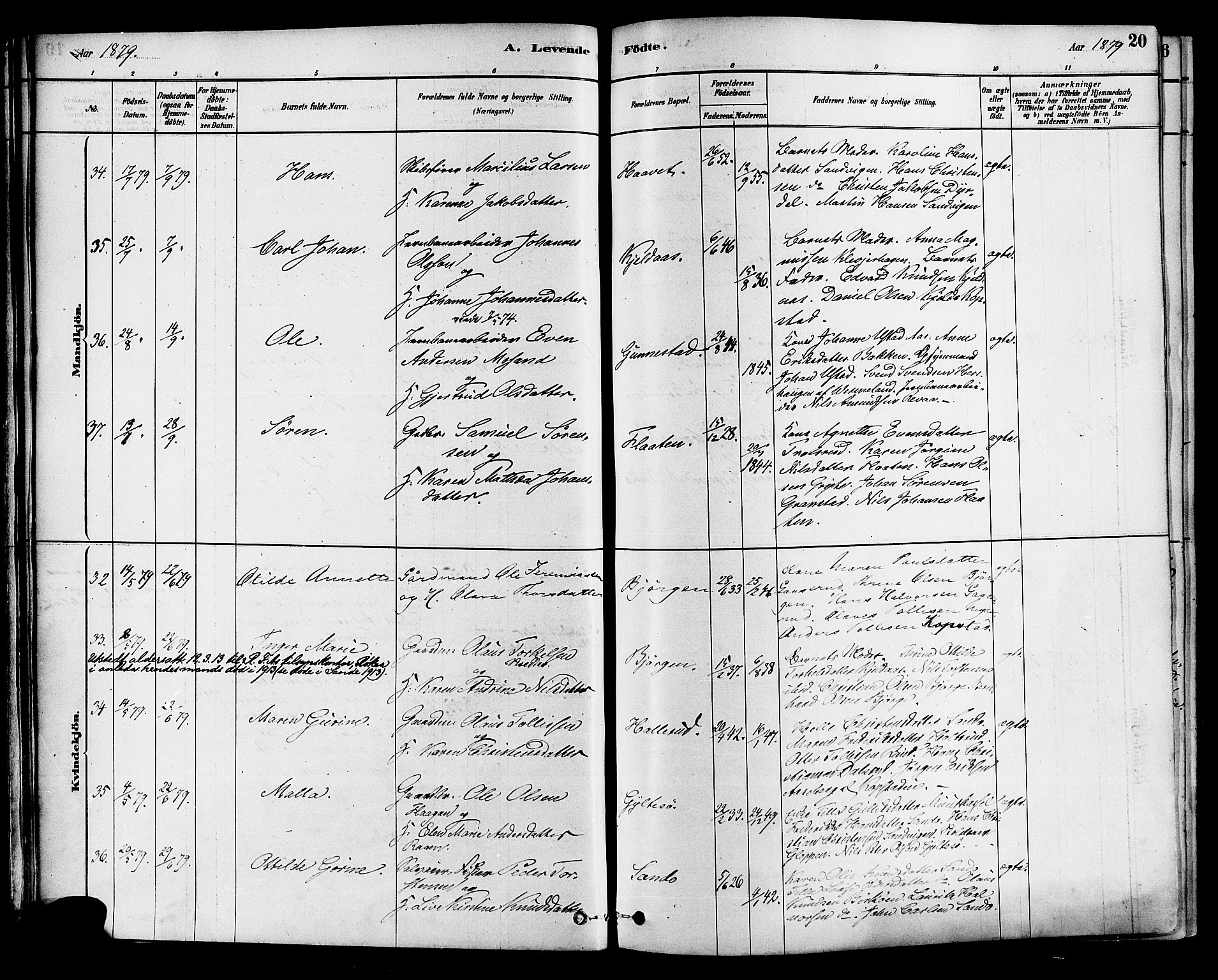 Sande Kirkebøker, AV/SAKO-A-53/F/Fa/L0006: Parish register (official) no. 6, 1878-1888, p. 20