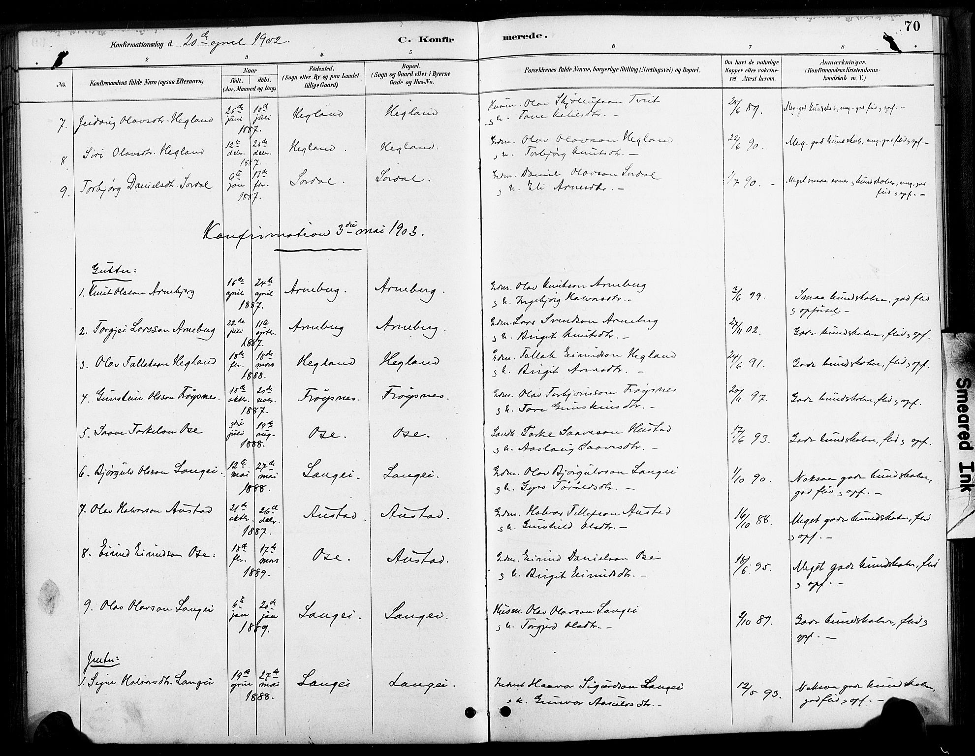 Bygland sokneprestkontor, SAK/1111-0006/F/Fa/Faa/L0001: Parish register (official) no. A 1, 1885-1908, p. 70