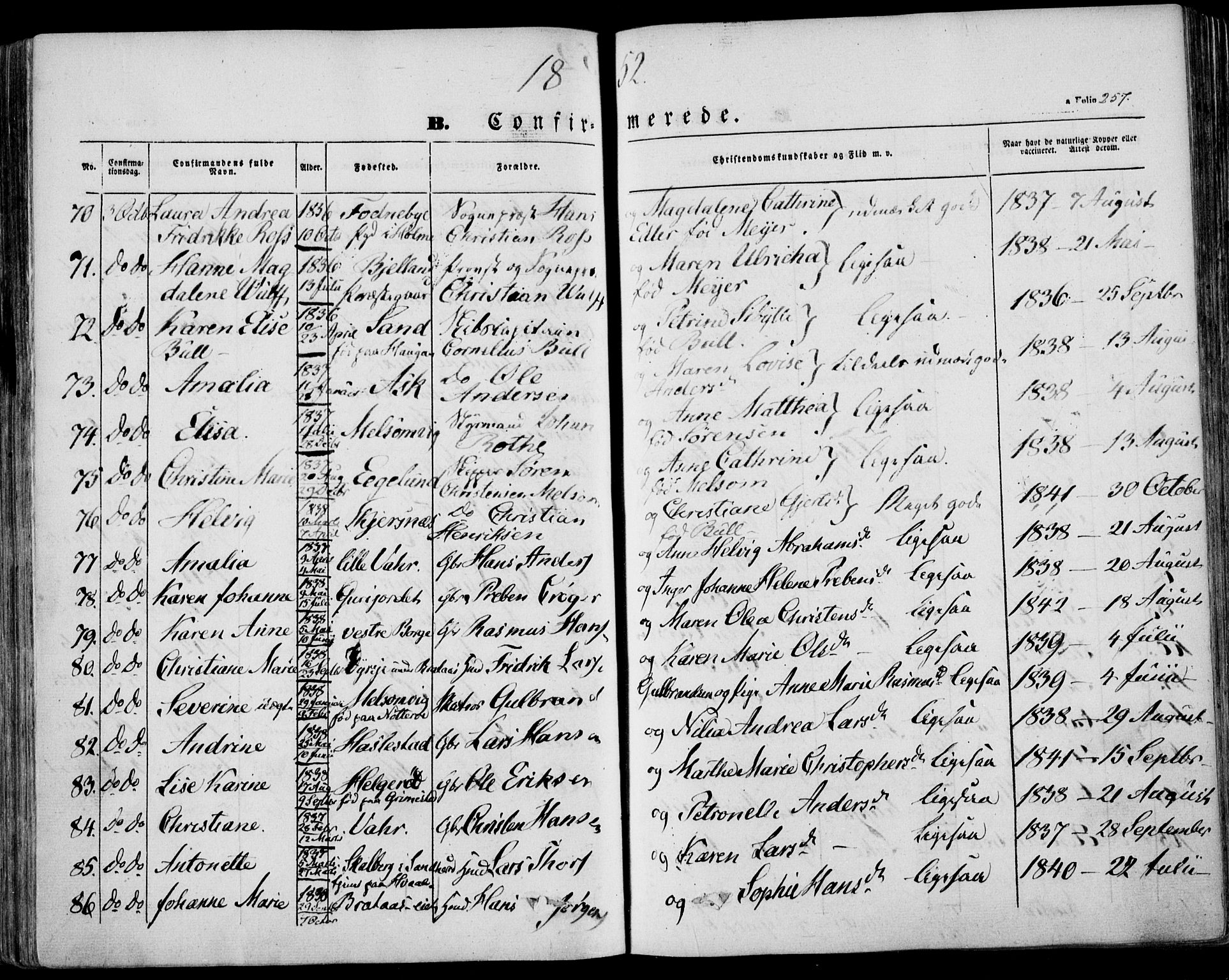 Stokke kirkebøker, AV/SAKO-A-320/F/Fa/L0007: Parish register (official) no. I 7, 1844-1857, p. 257