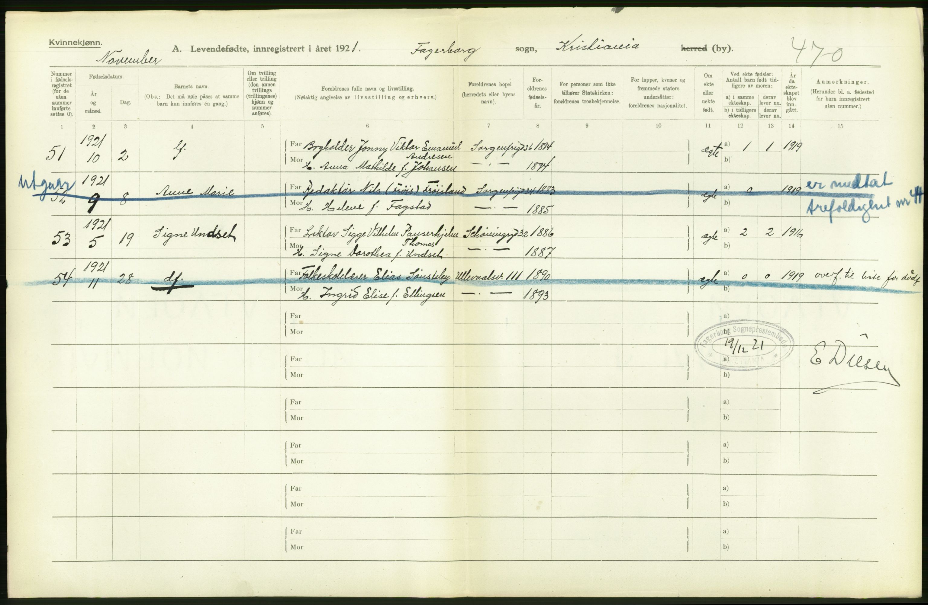 Statistisk sentralbyrå, Sosiodemografiske emner, Befolkning, RA/S-2228/D/Df/Dfc/Dfca/L0010: Kristiania: Levendefødte menn og kvinner., 1921, p. 48