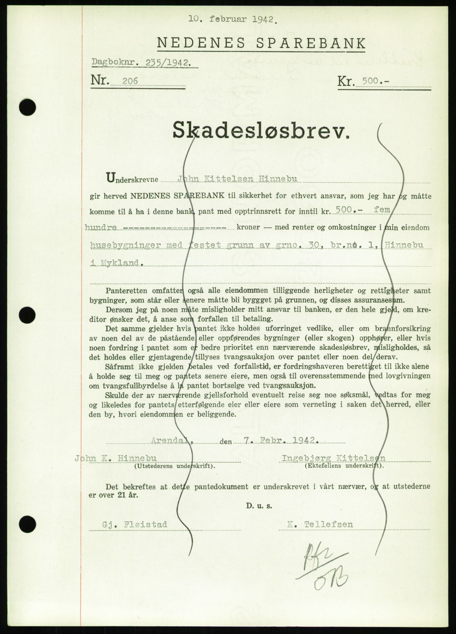 Nedenes sorenskriveri, AV/SAK-1221-0006/G/Gb/Gbb/L0001: Mortgage book no. I, 1939-1942, Diary no: : 235/1942