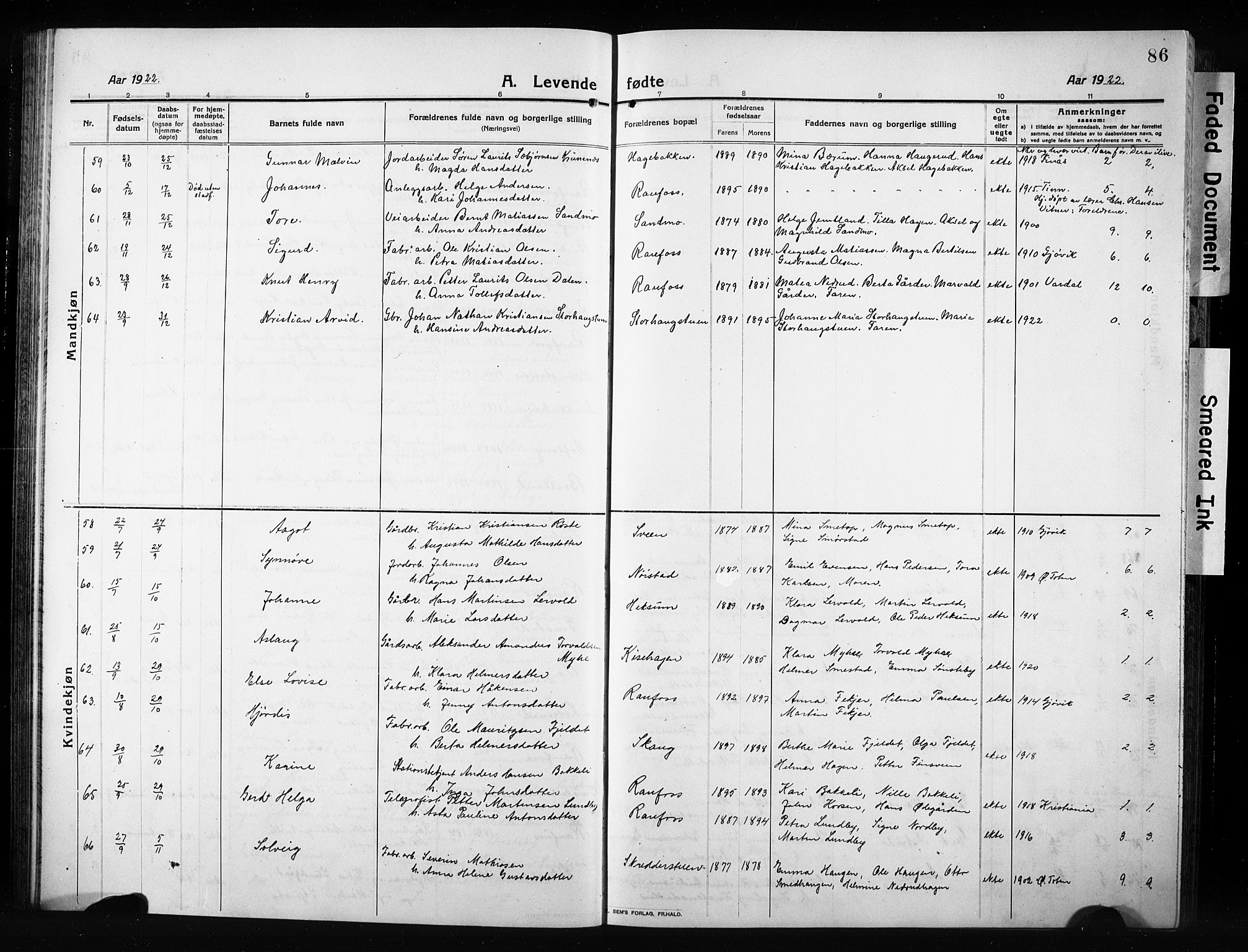 Vestre Toten prestekontor, SAH/PREST-108/H/Ha/Hab/L0012: Parish register (copy) no. 12, 1909-1928, p. 86