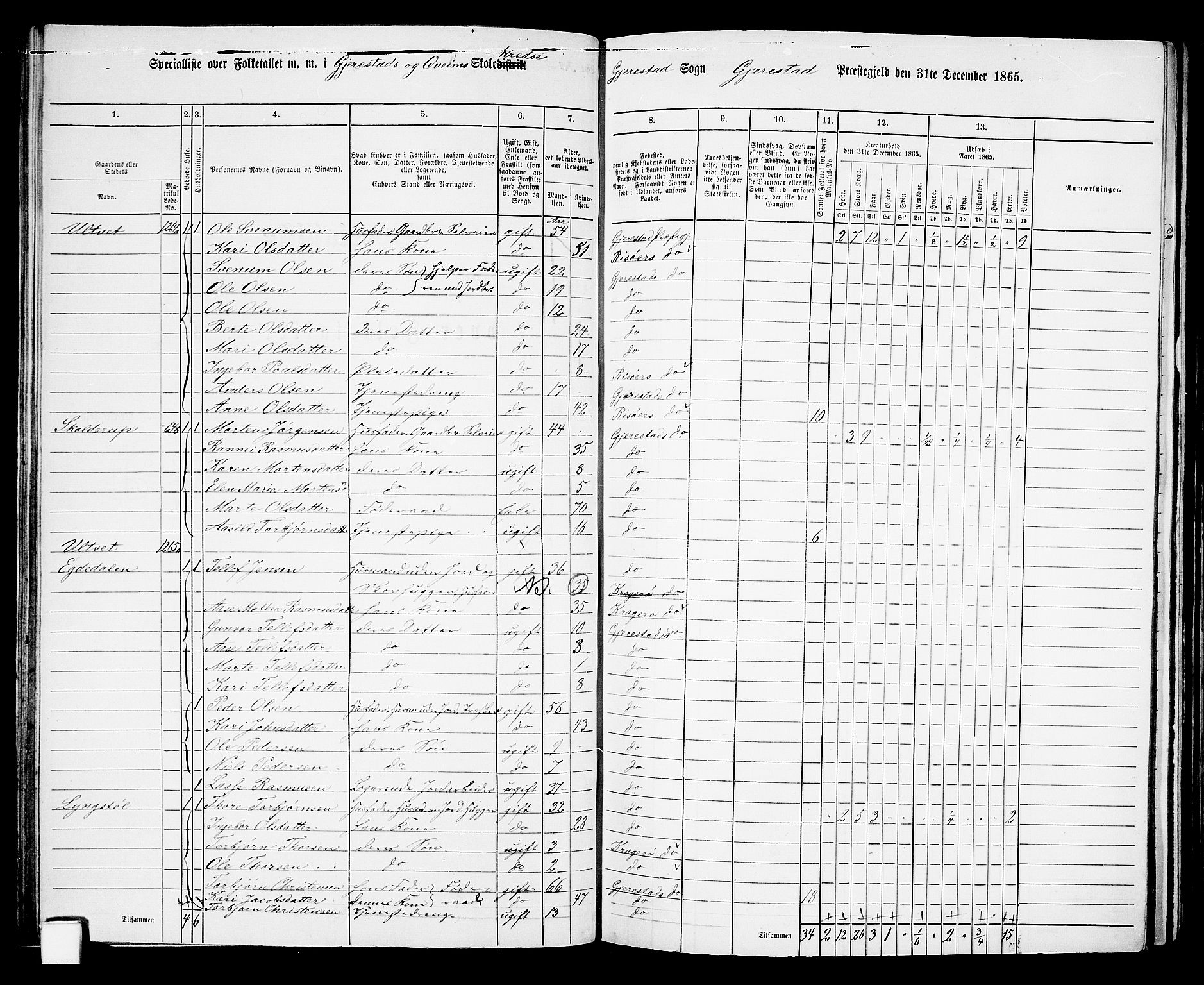 RA, 1865 census for Gjerstad, 1865, p. 50