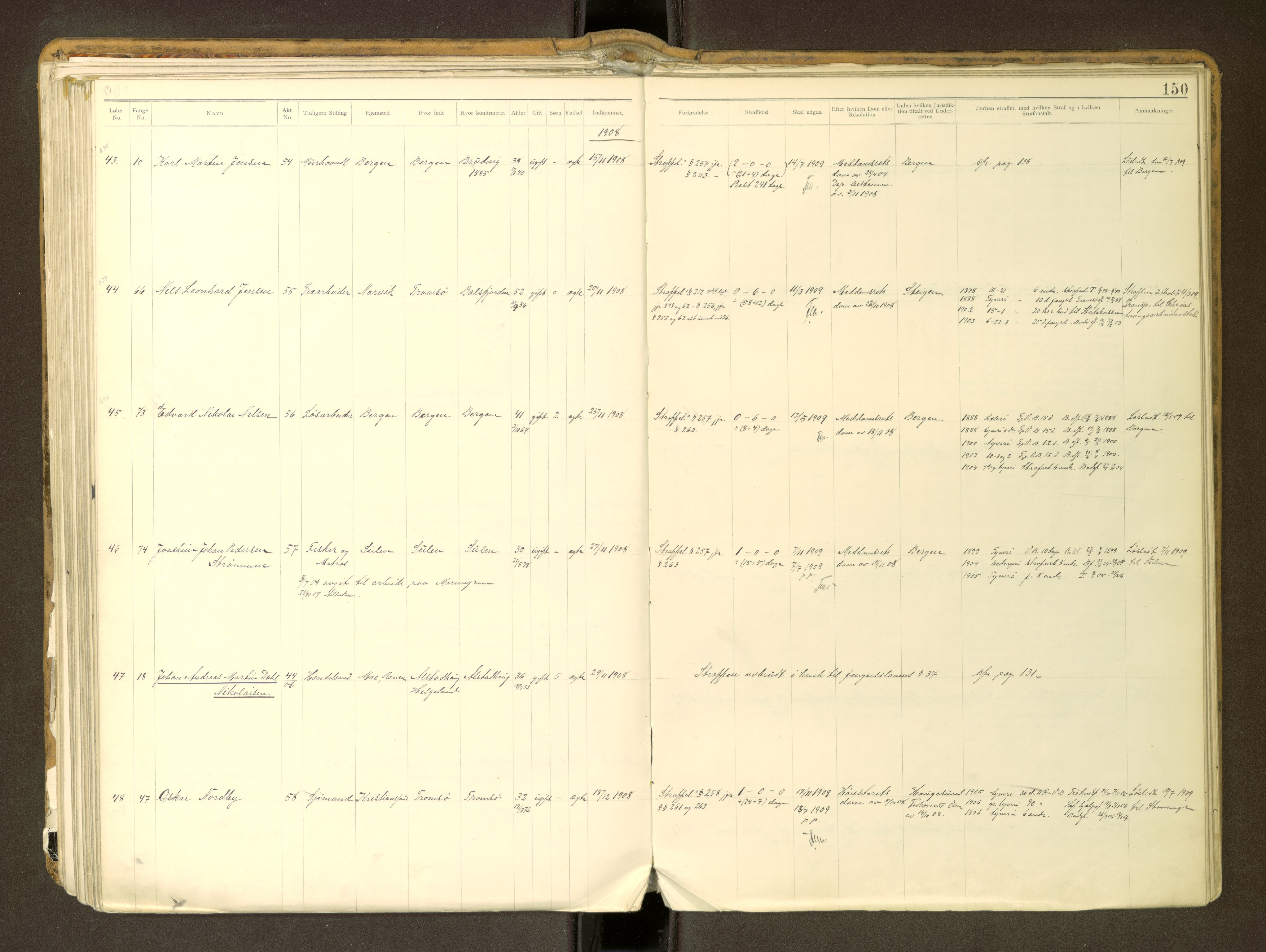 Trondheim tukthus, SAT/A-4619/05/65/L0037: 65.37 Fangeprotokoll m/reg, 1898-1914, p. 150