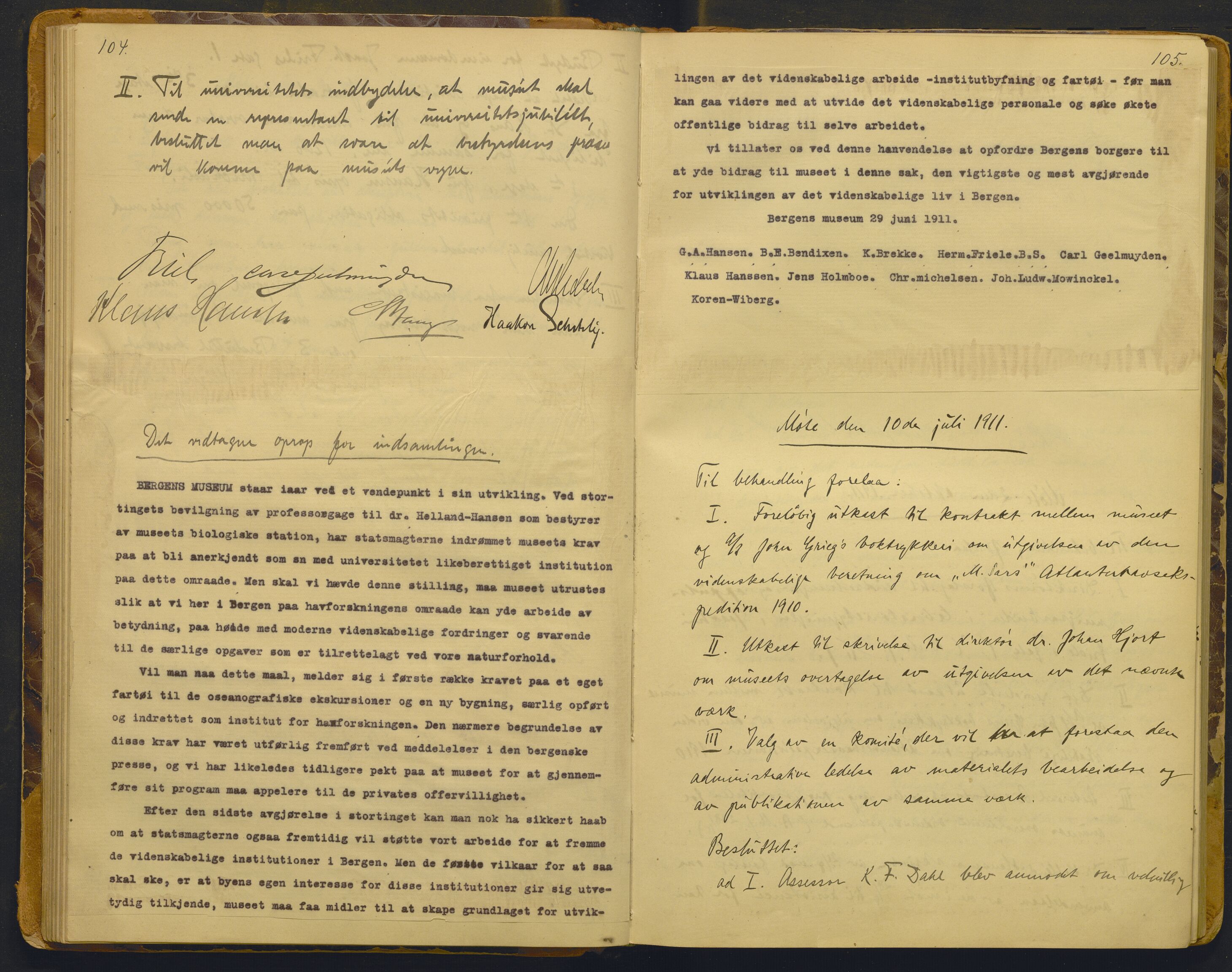 Bergens Museum, AV/SAB-A-17301/02/A/L0008: Forhandlingsprotokoll med register , 1906-1927, p. 104-105