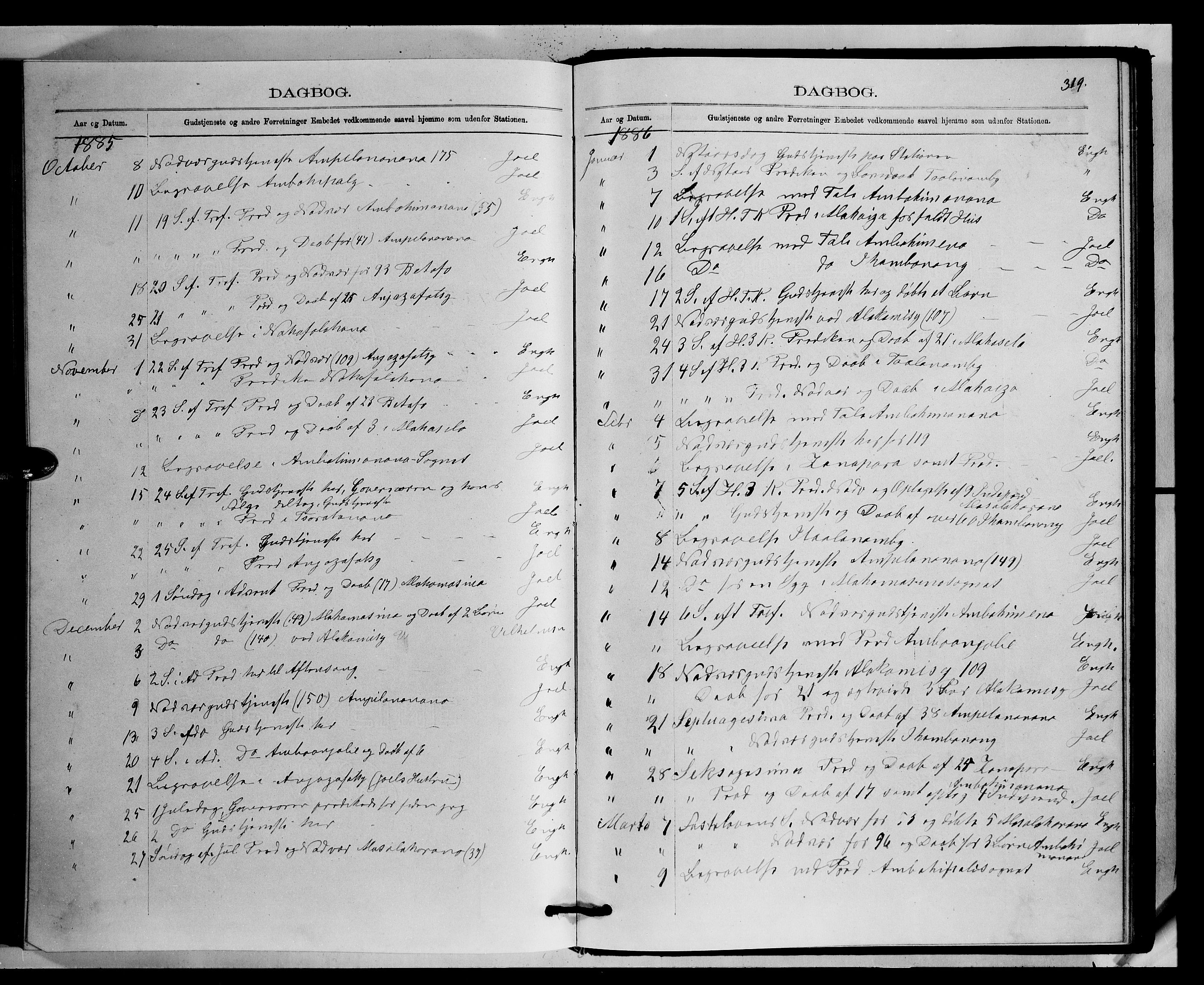 Archives FLM/NMS, Madagaskar, VID/MA-A-1163/D/Db/L0270: Parish register (official) no. 2, 1883-1886, p. 319