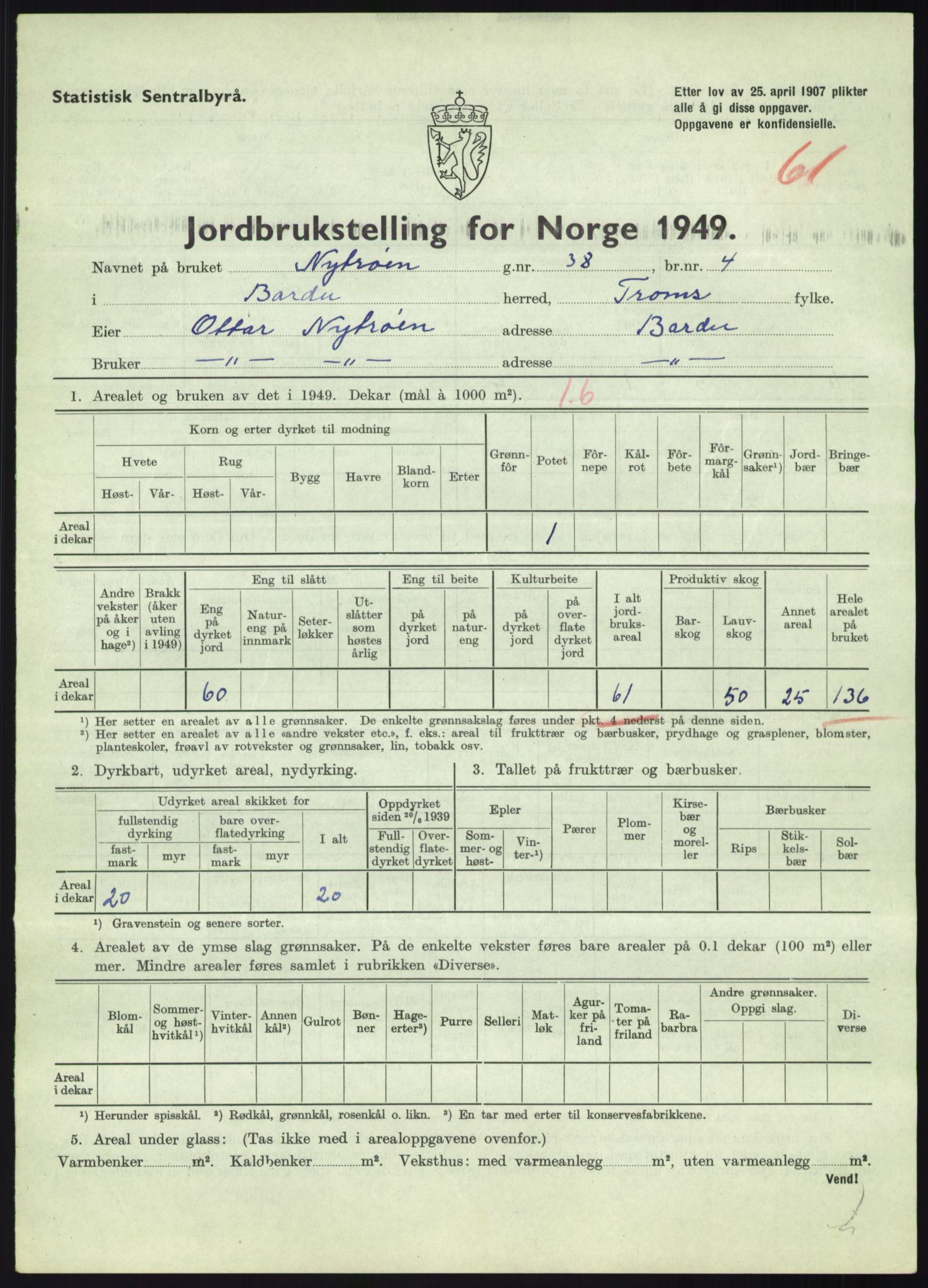 Statistisk sentralbyrå, Næringsøkonomiske emner, Jordbruk, skogbruk, jakt, fiske og fangst, AV/RA-S-2234/G/Gc/L0438: Troms: Salangen og Bardu, 1949, p. 1459