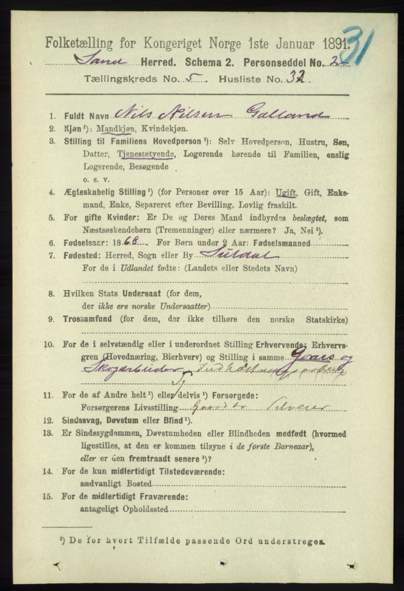 RA, 1891 census for 1136 Sand, 1891, p. 1708