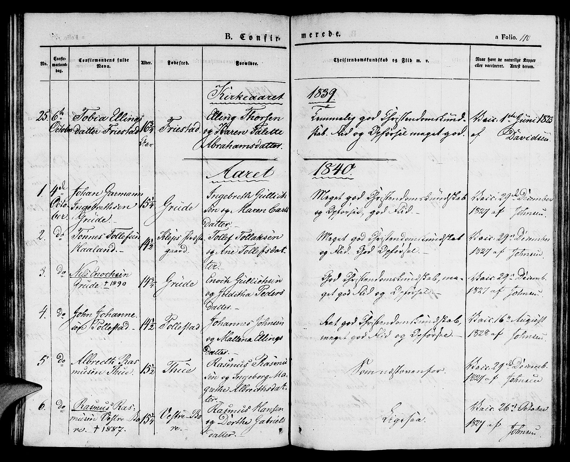 Klepp sokneprestkontor, SAST/A-101803/001/3/30BA/L0003: Parish register (official) no. A 3, 1833-1842, p. 110