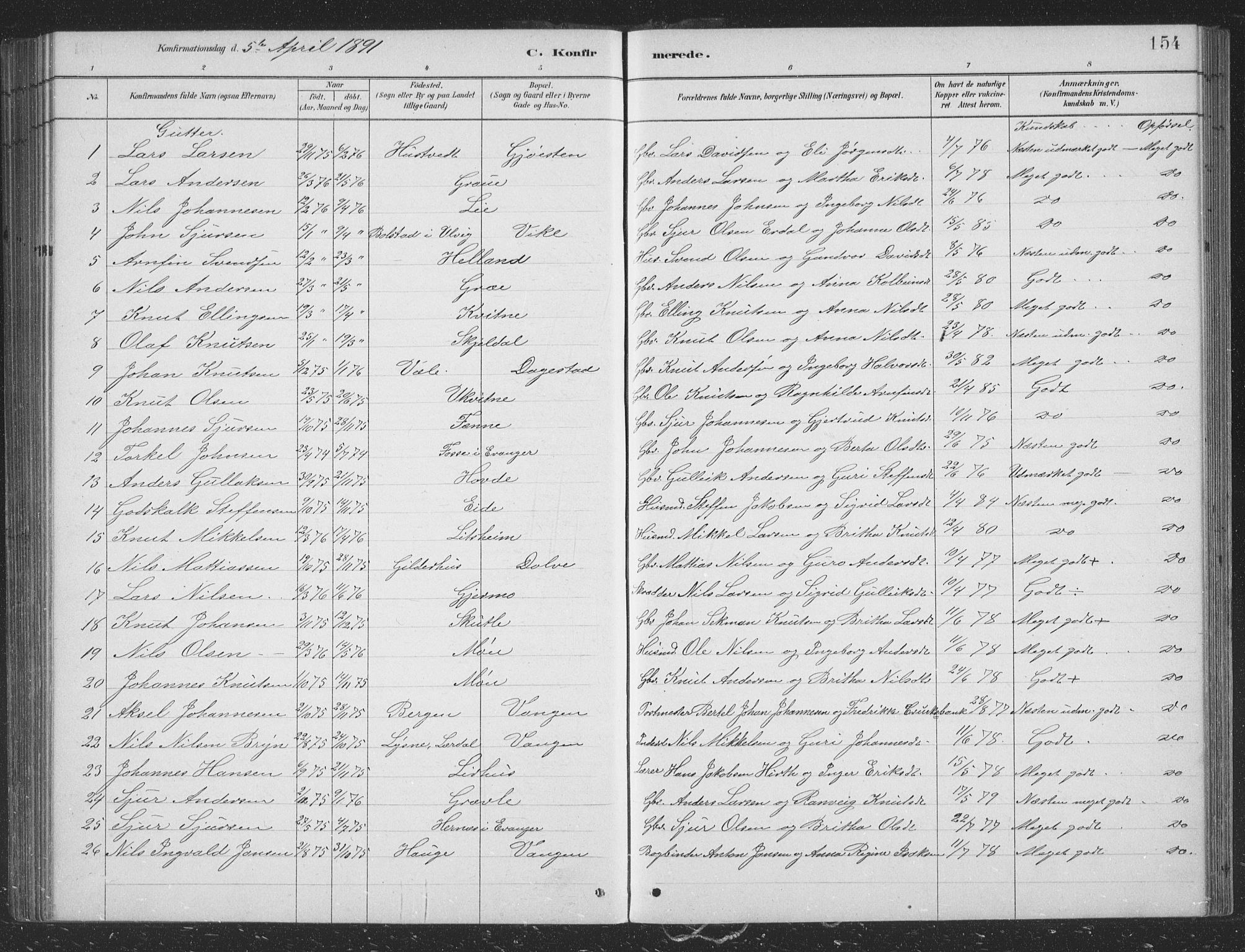 Voss sokneprestembete, SAB/A-79001/H/Hab: Parish register (copy) no. B 3, 1879-1894, p. 154