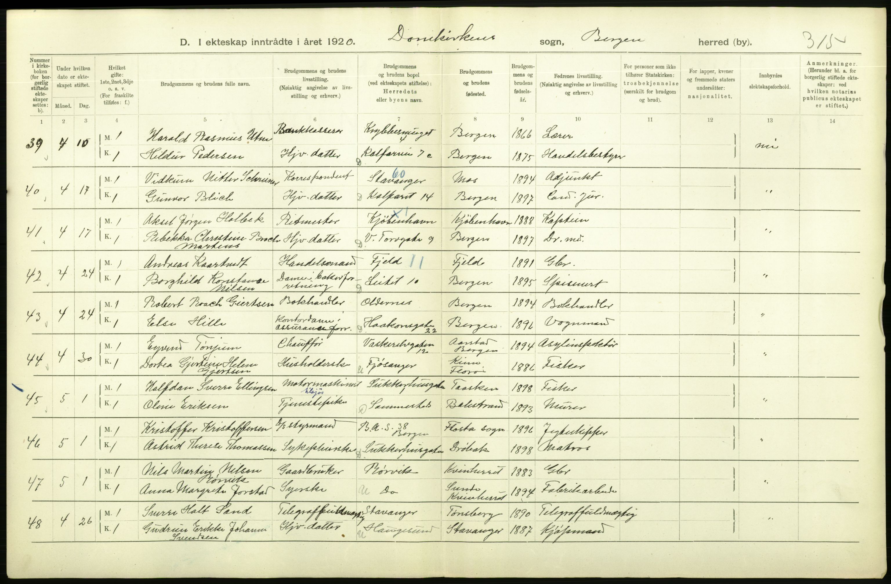 Statistisk sentralbyrå, Sosiodemografiske emner, Befolkning, AV/RA-S-2228/D/Df/Dfb/Dfbj/L0042: Bergen: Gifte, døde, dødfødte., 1920, p. 250