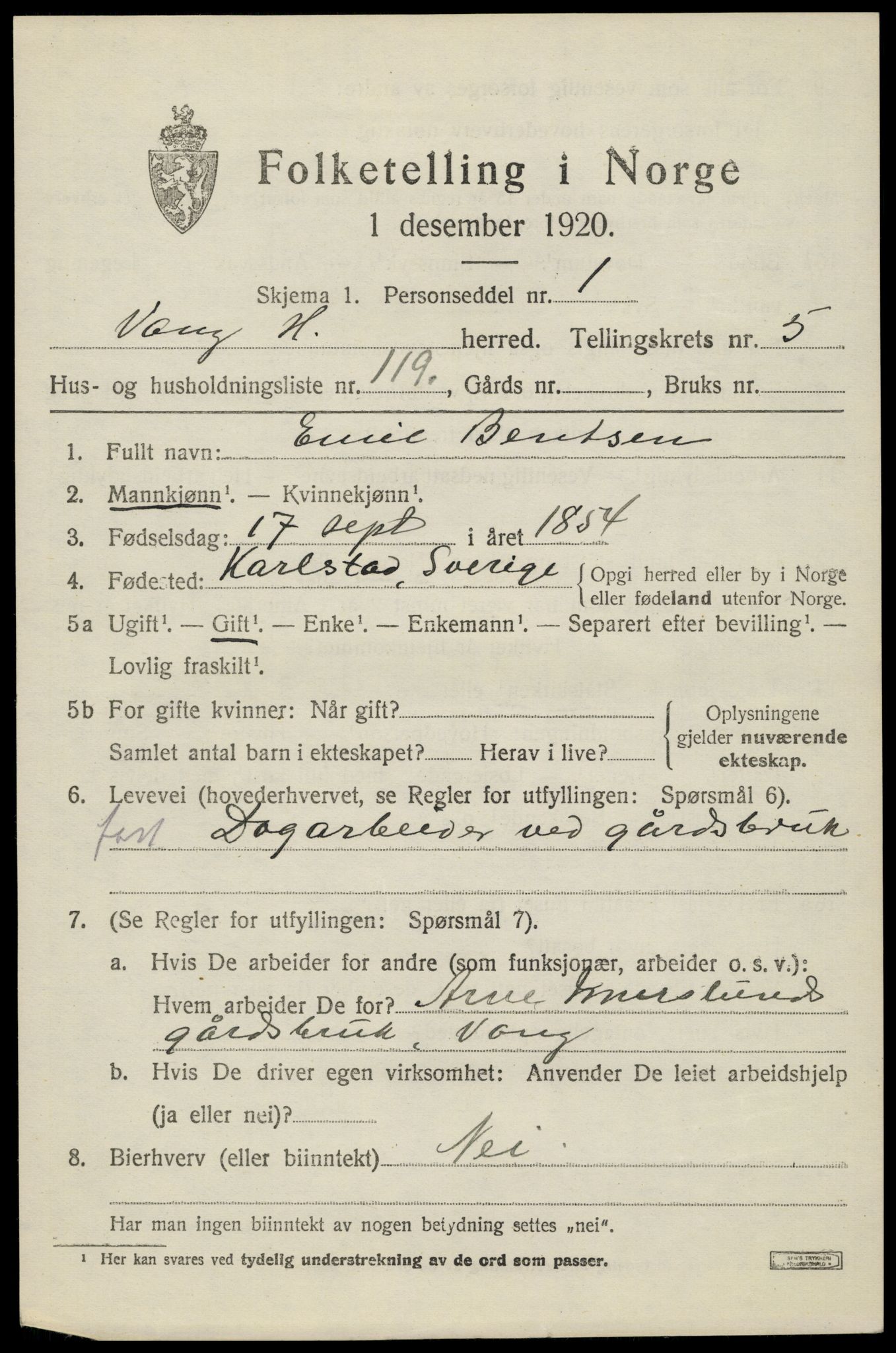 SAH, 1920 census for Vang (Hedmark), 1920, p. 15035