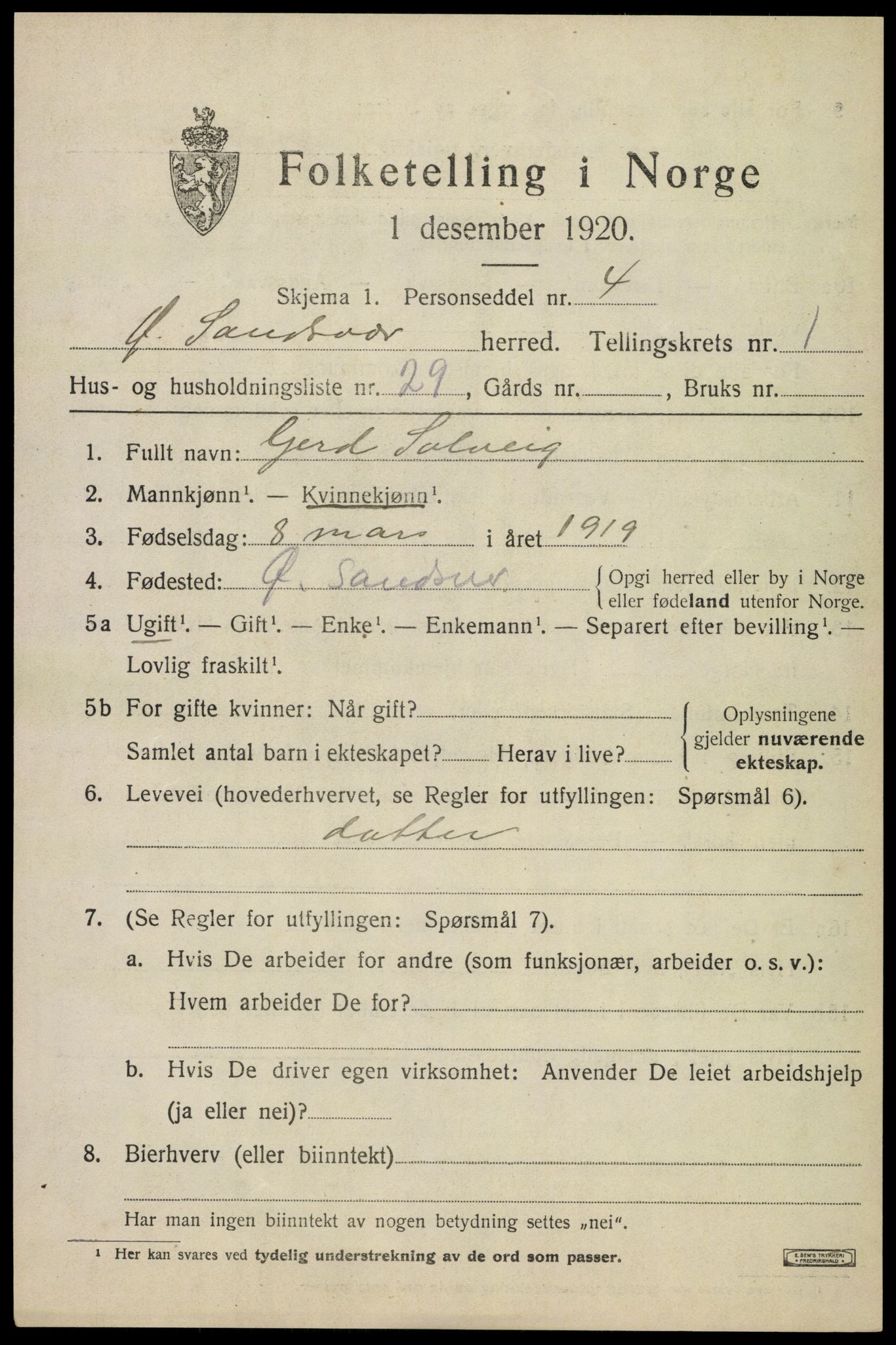 SAKO, 1920 census for Øvre Sandsvær, 1920, p. 1284