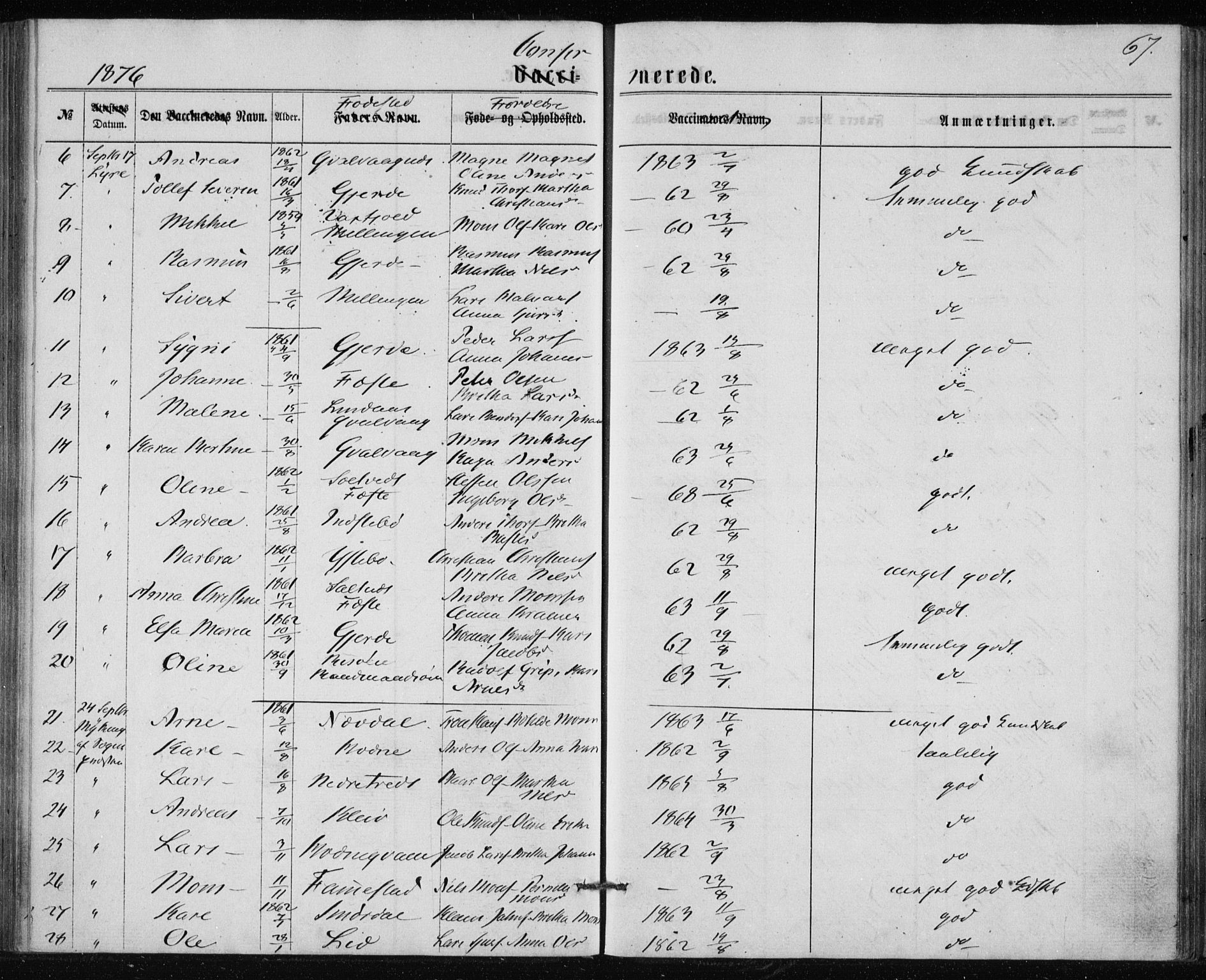 Lindås Sokneprestembete, AV/SAB-A-76701/H/Haa/Haaa/L0017: Parish register (official) no. A 17, 1874-1877, p. 67