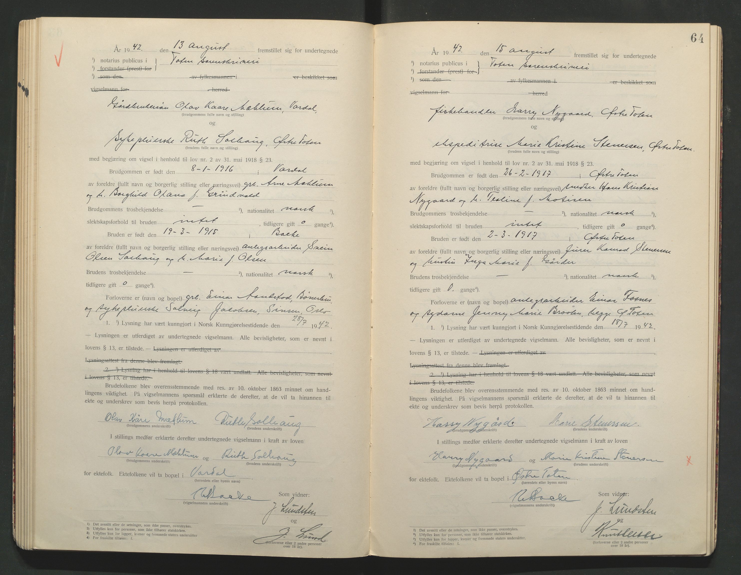Toten tingrett, AV/SAH-TING-006/L/Lc/L0001: Vigselbok, 1920-1942, p. 64