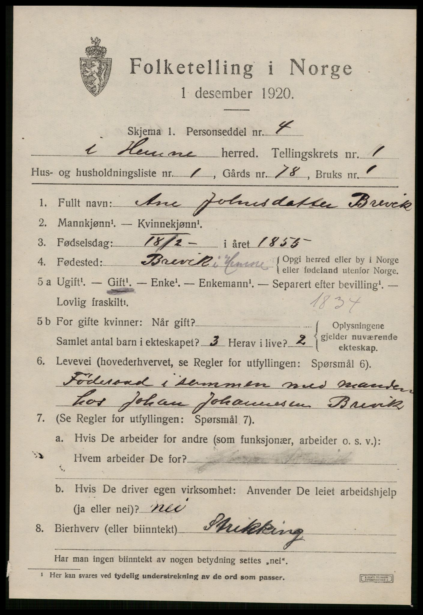 SAT, 1920 census for Hemne, 1920, p. 1242