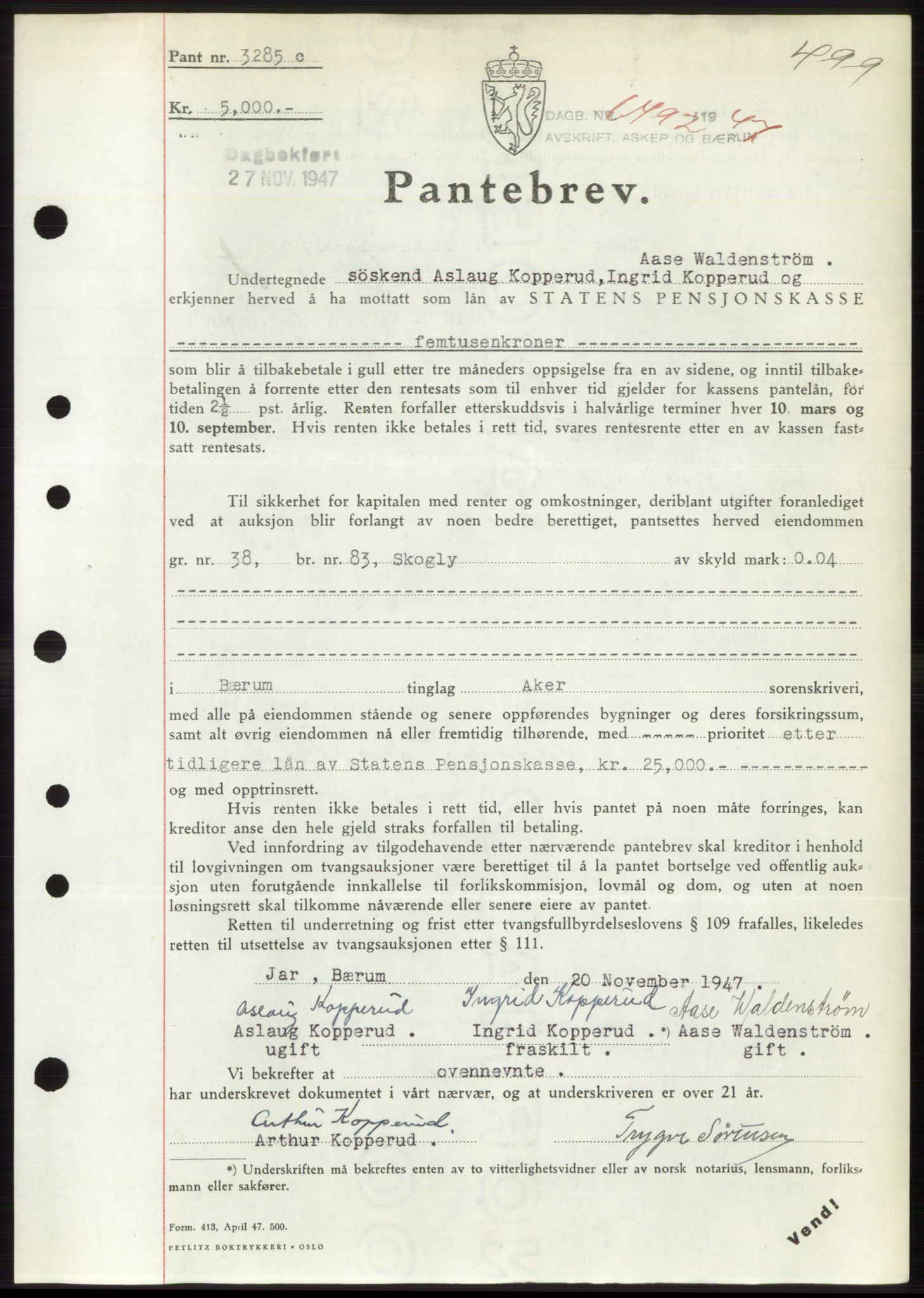 Aker herredsskriveri, AV/SAO-A-10896/G/Gb/Gbb/Gbbc/L0018: Mortgage book no. B84, 1947-1947, Diary no: : 6492/1947