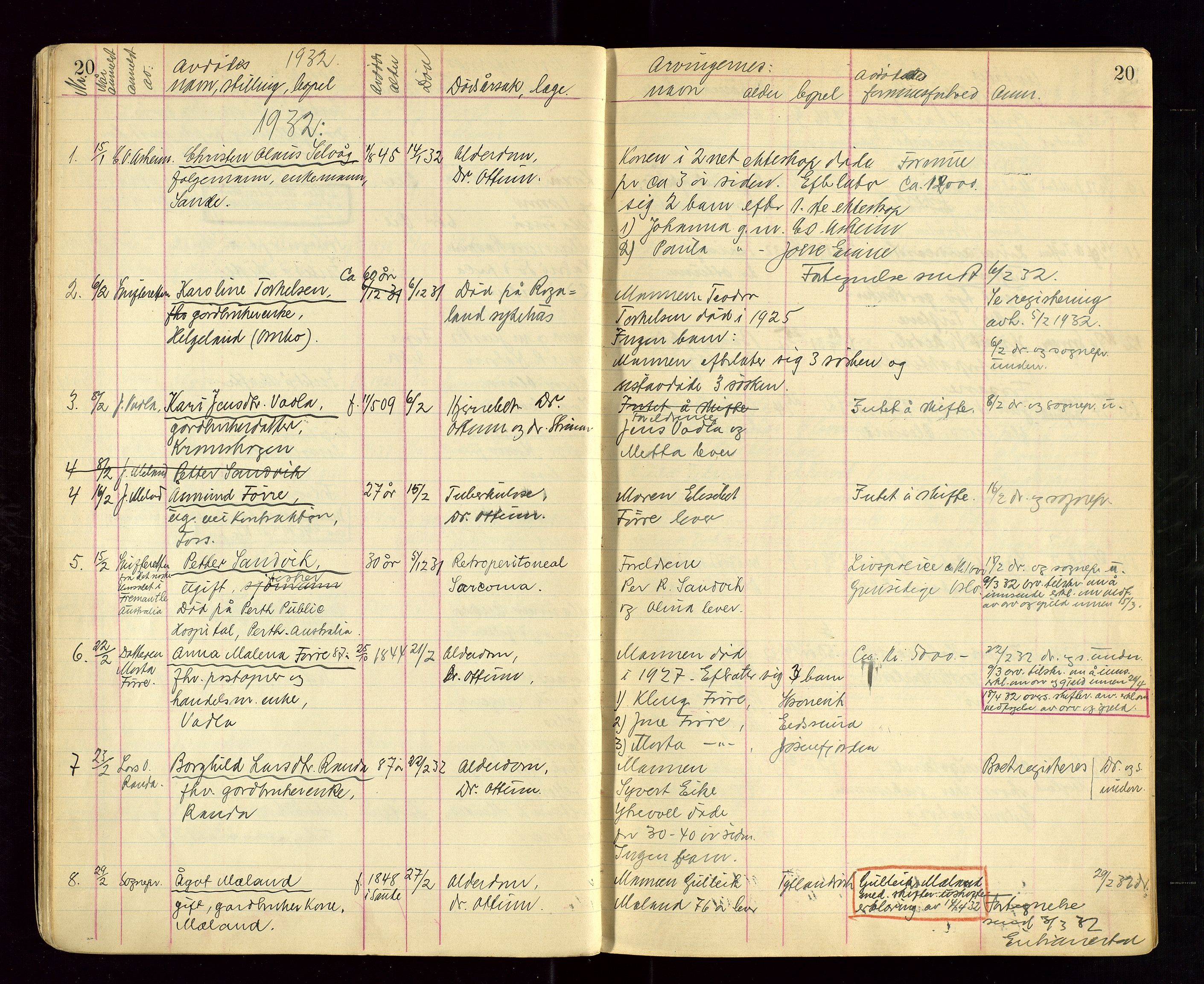 Hjelmeland lensmannskontor, AV/SAST-A-100439/Ggb/L0004: "Dødsprotokoll (dødsanmeldelsesbok)", 1929-1950, p. 20