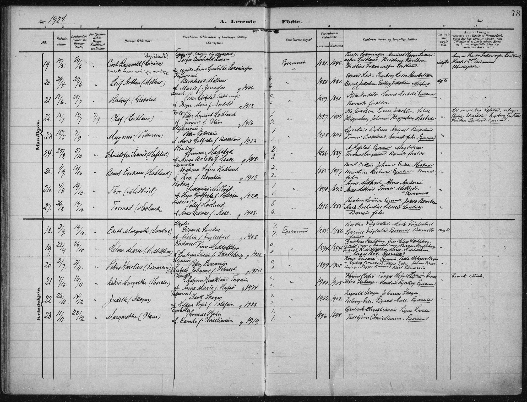 Eigersund sokneprestkontor, AV/SAST-A-101807/S08/L0022: Parish register (official) no. A 21, 1905-1928, p. 78