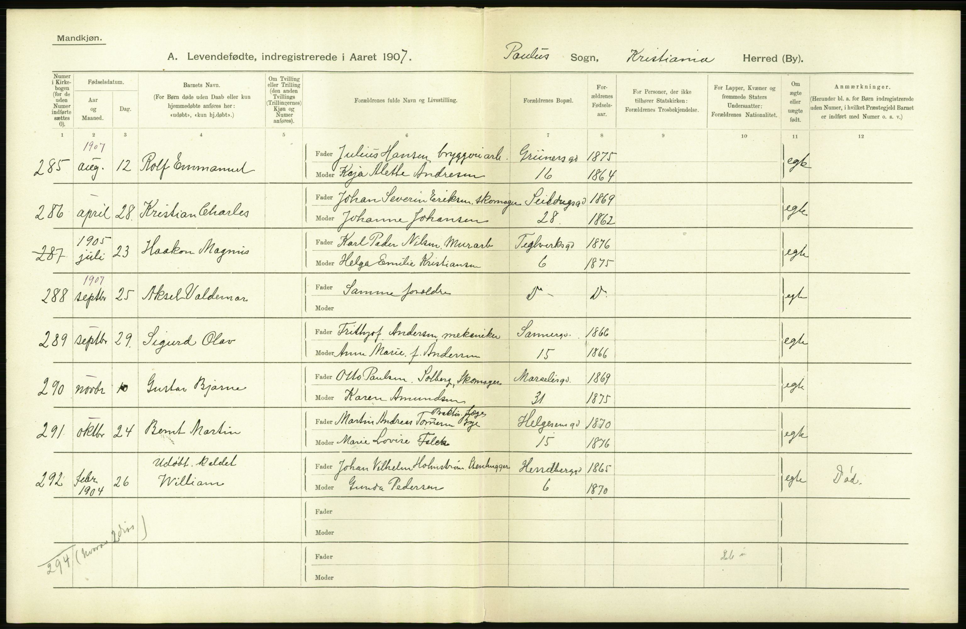 Statistisk sentralbyrå, Sosiodemografiske emner, Befolkning, AV/RA-S-2228/D/Df/Dfa/Dfae/L0006: Kristiania: Levendefødte menn og kvinner., 1907, p. 440