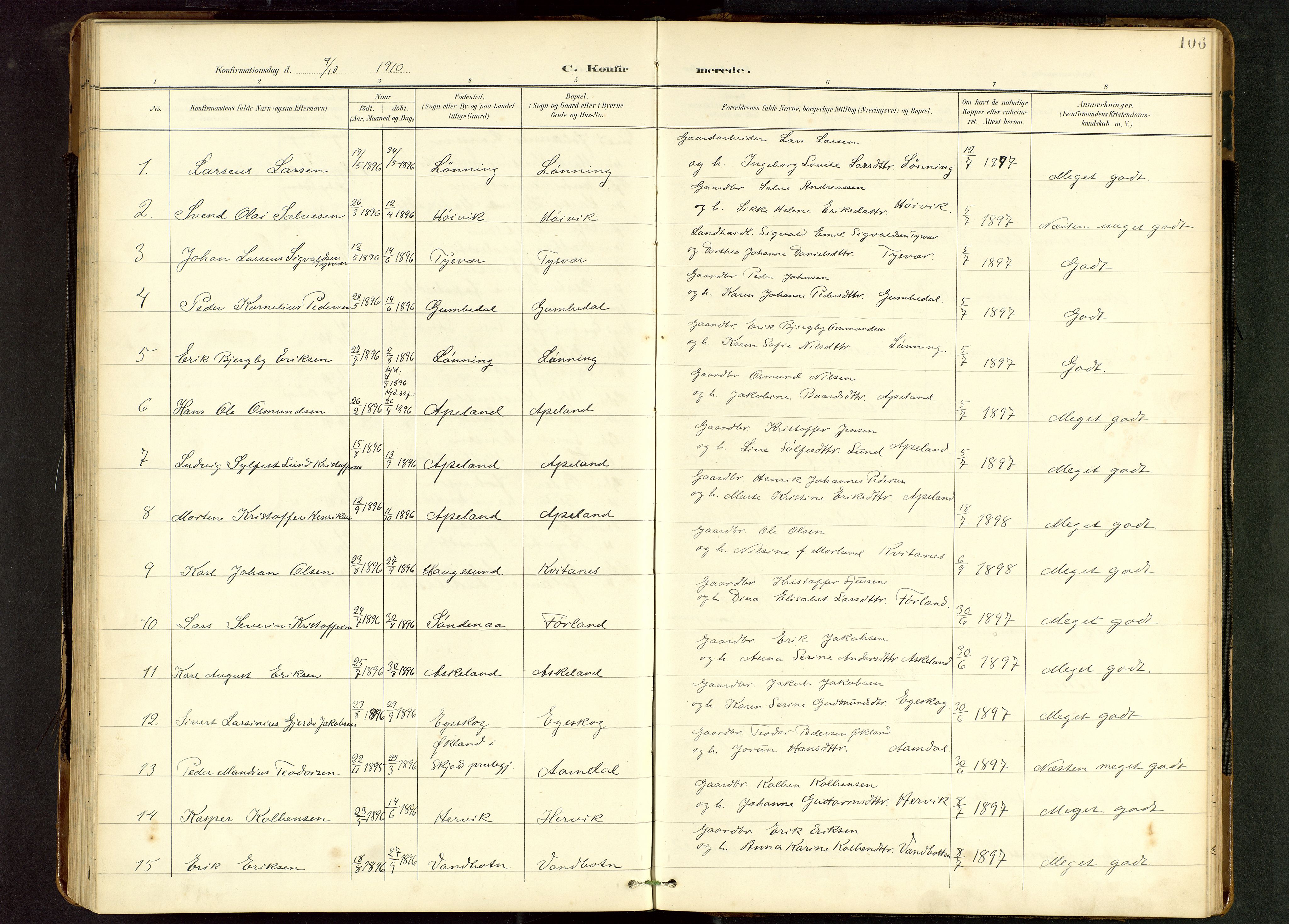 Tysvær sokneprestkontor, SAST/A -101864/H/Ha/Hab/L0010: Parish register (copy) no. B 10, 1897-1912, p. 106
