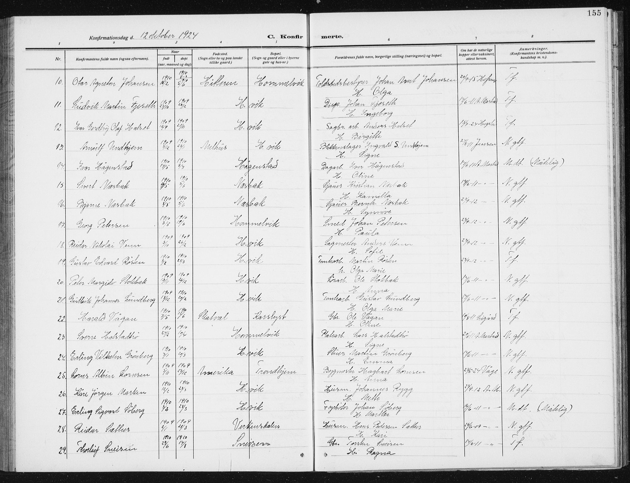 Ministerialprotokoller, klokkerbøker og fødselsregistre - Sør-Trøndelag, SAT/A-1456/617/L0431: Parish register (copy) no. 617C02, 1910-1936, p. 155