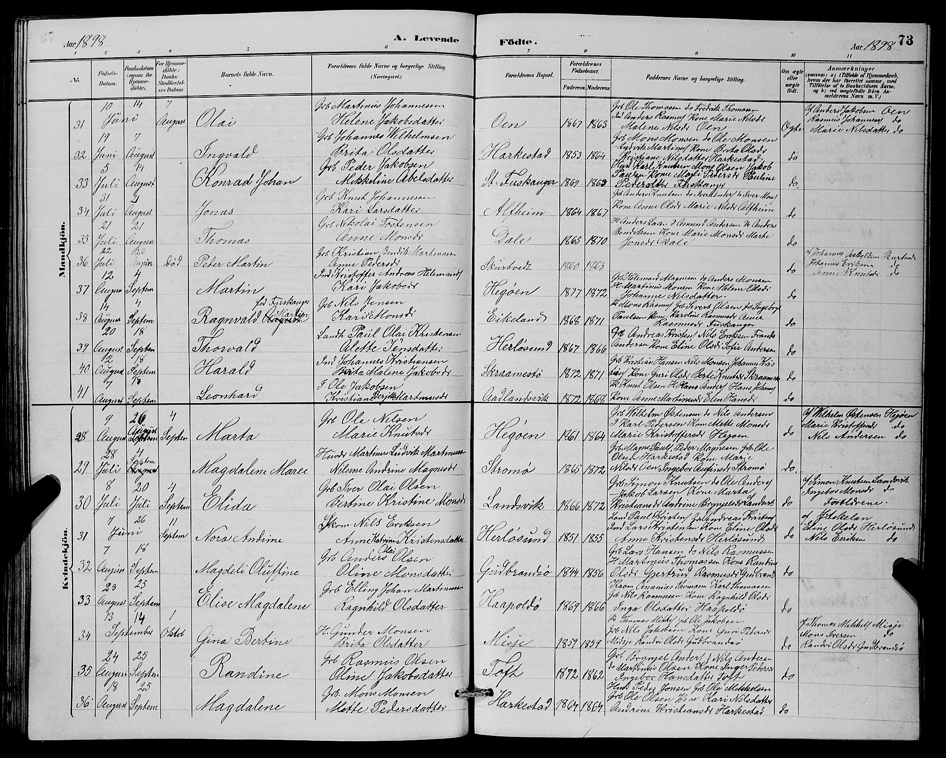 Herdla Sokneprestembete, AV/SAB-A-75701/H/Hab: Parish register (copy) no. A 3, 1889-1899, p. 73