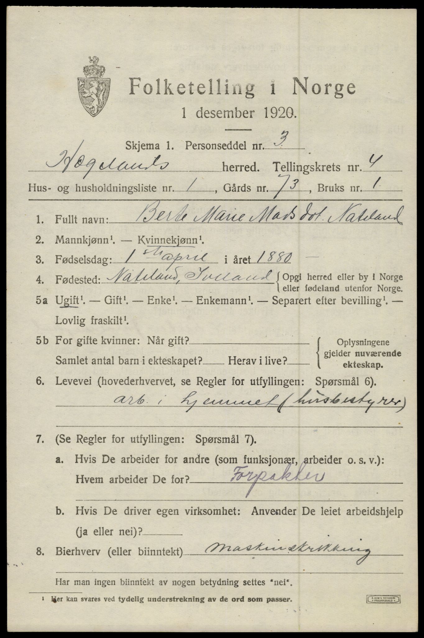 SAK, 1920 census for Hægeland, 1920, p. 1371